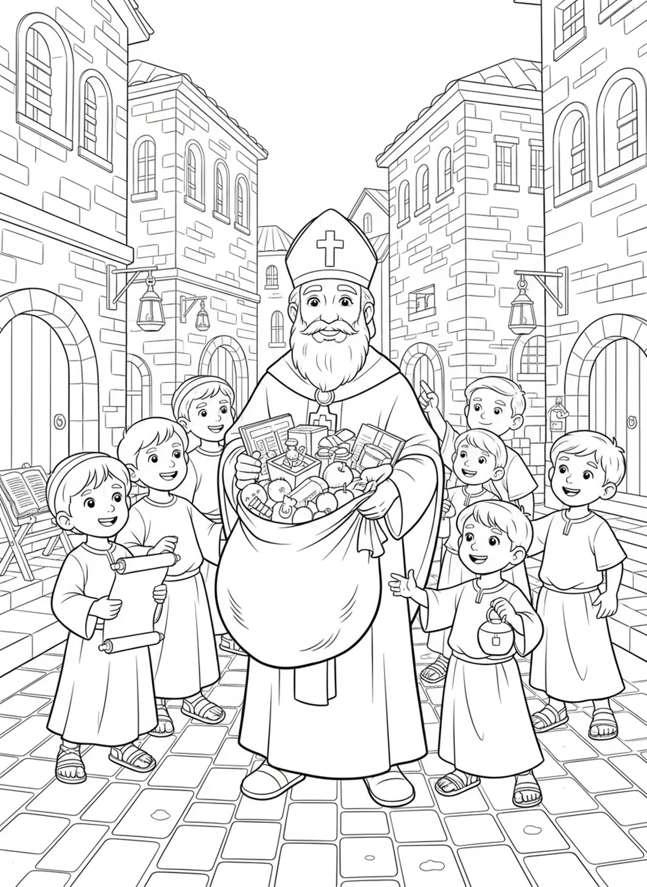 Saint Nicolas avec des enfants, page à colorier Saint Nicolas pour les enfants de l'École du dimanche âgés de 5 à 12 ans