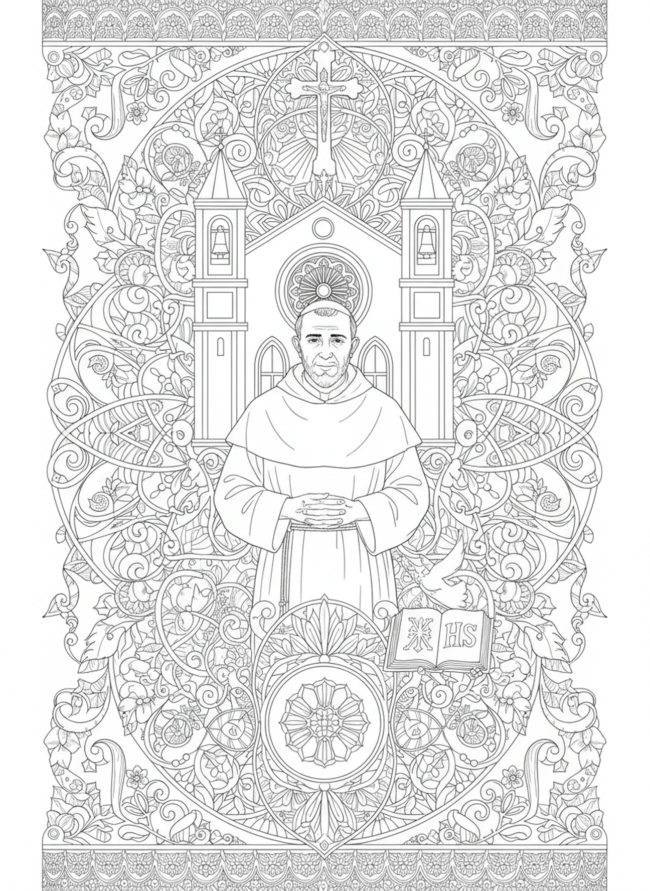 St. Pater Pio vor einer Kirche, Ausmalbild für Erwachsene im Stil des Bibel-Journalings