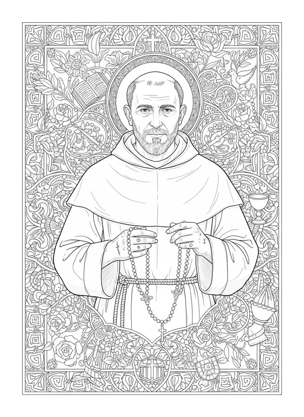 St. Pater Pio mit Rosenkranz, Ausmalbild von St. Pater Pio für Erwachsene im Stil des Bibel-Journalings
