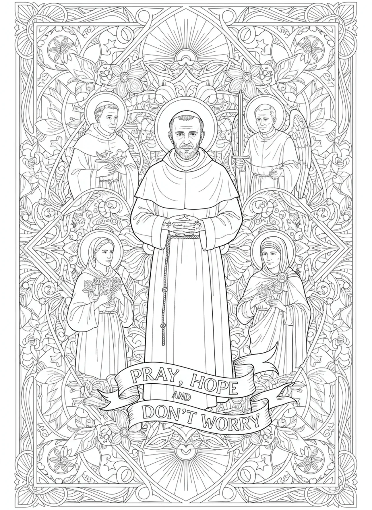 St. Pater Pio mit Heiligen, Ausmalbild für Erwachsene im Bibel-Journaling-Stil