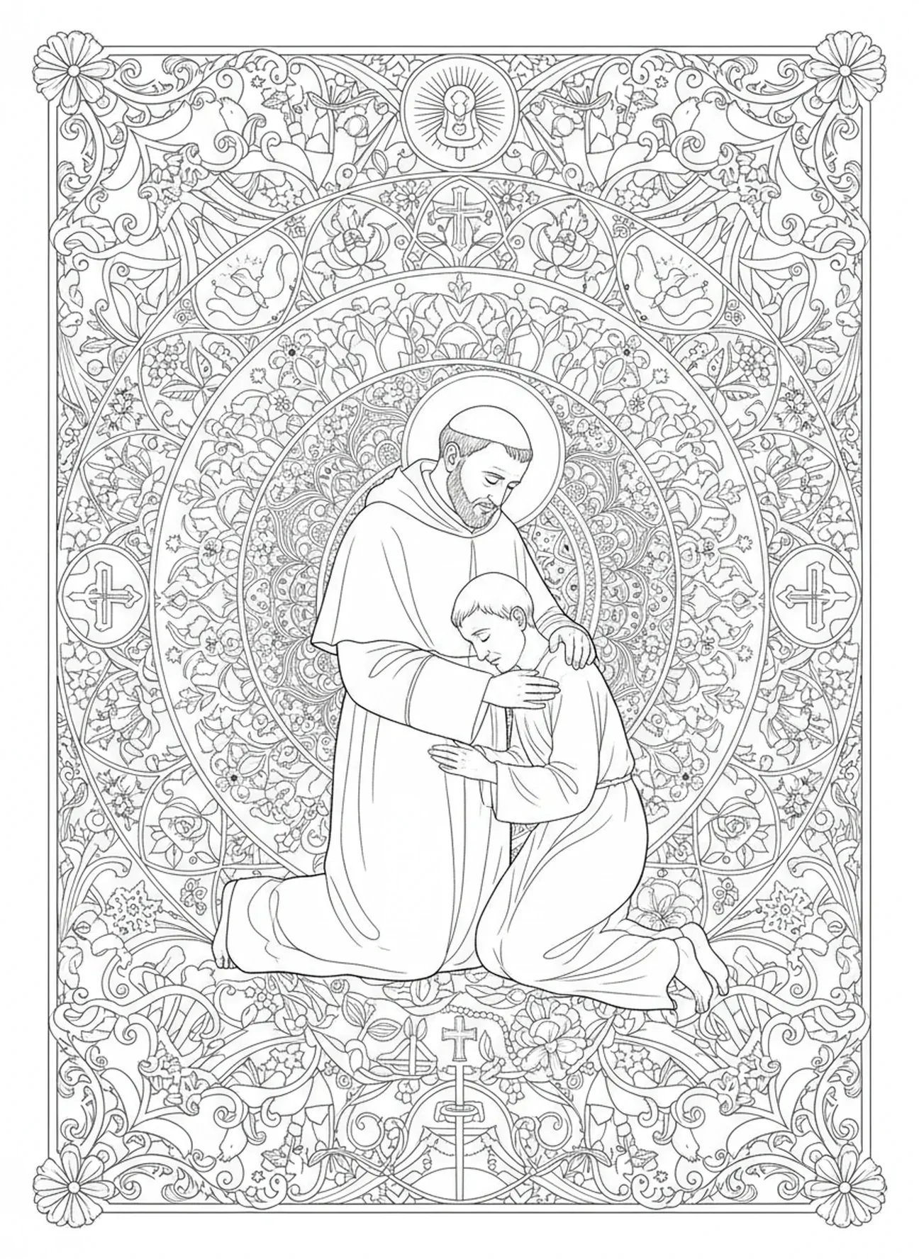 Der heilige Pater Pio heilt die Kranken, Ausmalbild von Pater Pio für Erwachsene im Bibel-Journaling-Stil