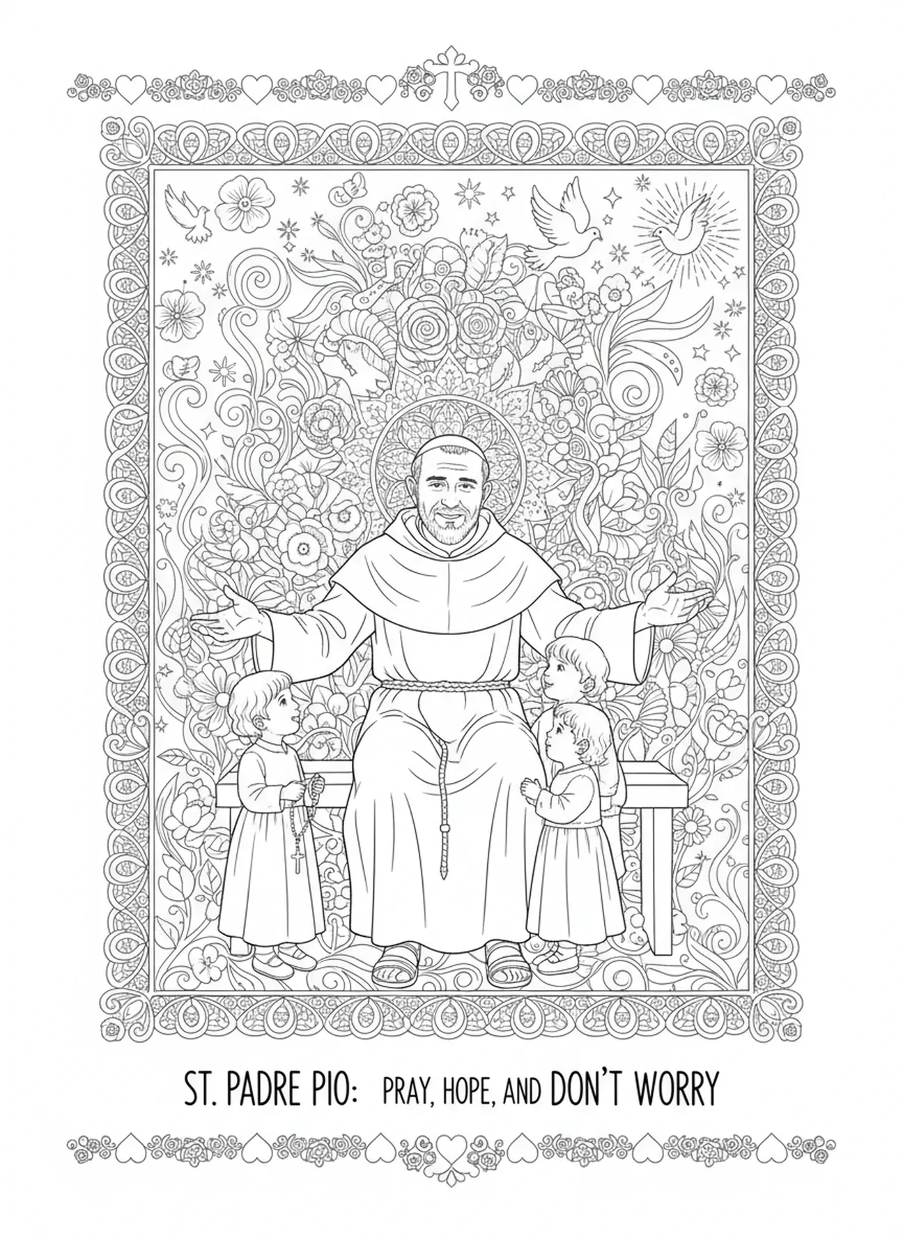Der heilige Pio von Pietrelcina mit Kindern, Ausmalbild für Erwachsene im Stil des Bibel-Journalings