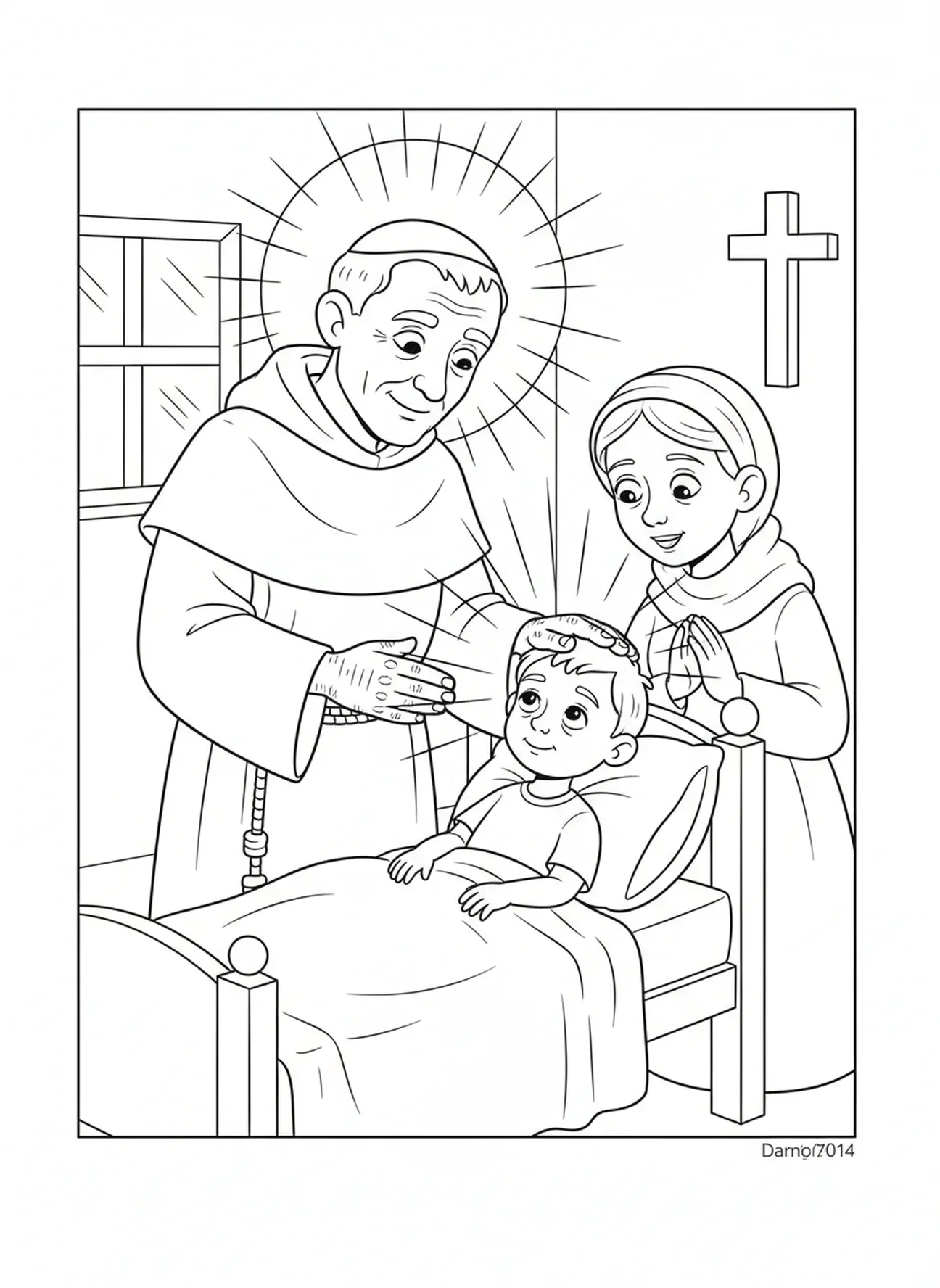 Der heilige Pater Pio berührt ein Kind, Ausmalbild von Pater Pio für Kinder im Alter von 5-10 Jahren