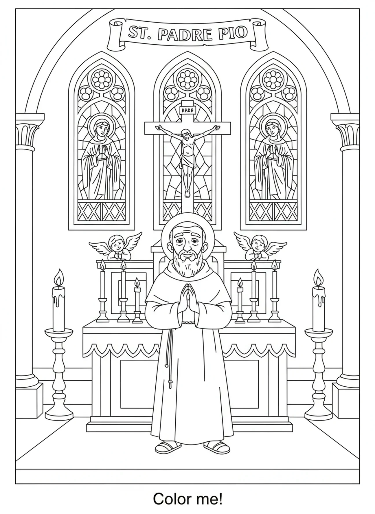 St. Pater Pio am Altar der Kirche, Ausmalbild von St. Pater Pio für Kinder im Alter von 5-10 Jahren