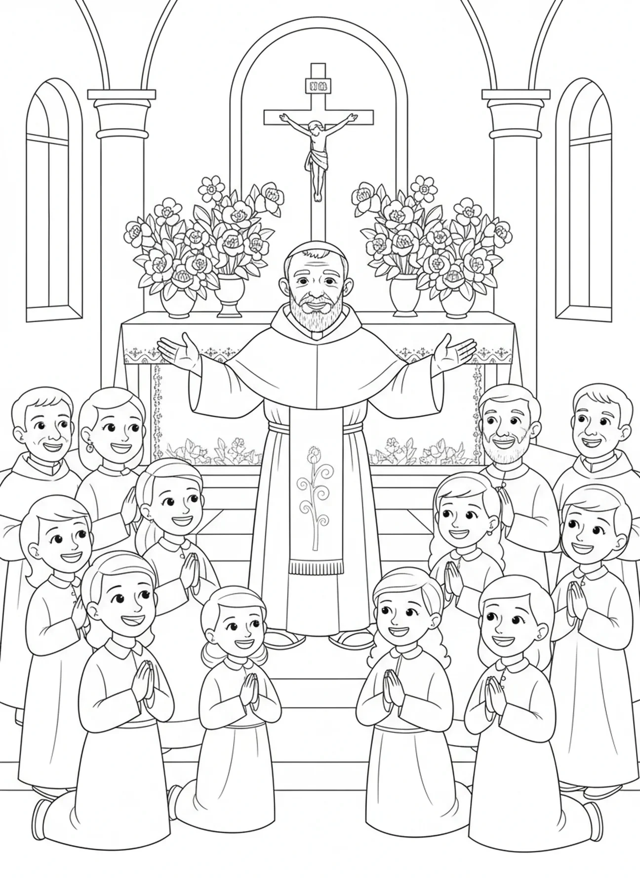 St. Pio von Pietrelcina feiert die Messe, Ausmalbild von St. Pio für Kinder im Alter von 5-10 Jahren