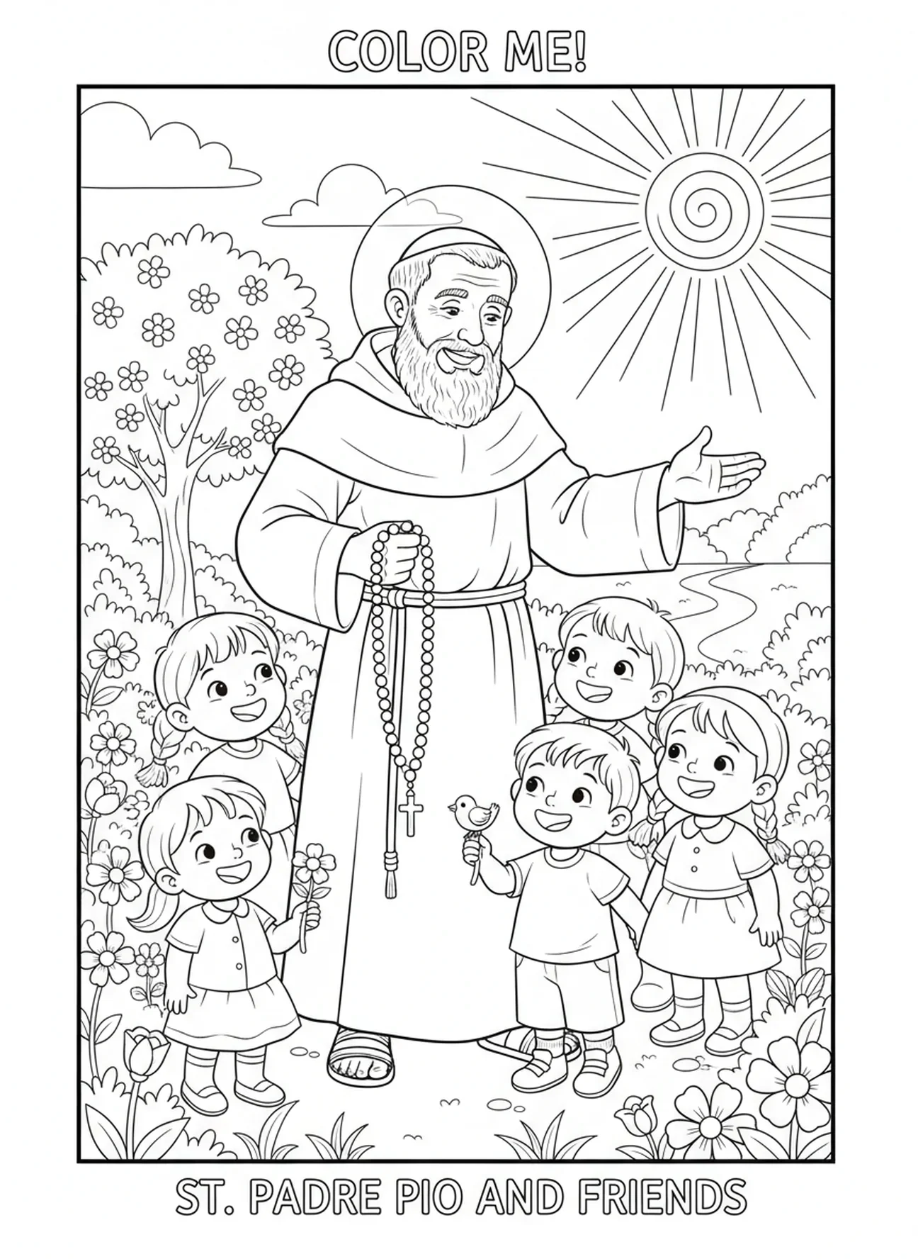 Der heilige Pio von Pietrelcina mit einer Rosenkranz, Ausmalbild für Kinder im Alter von 5-10 Jahren