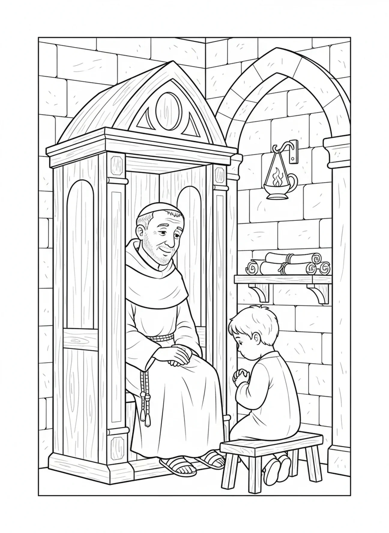 St. Pio von Pietrelcina beim Anhören von Beichten, Ausmalbild für Sonntagsschulkinder im Alter von 5-12 Jahren