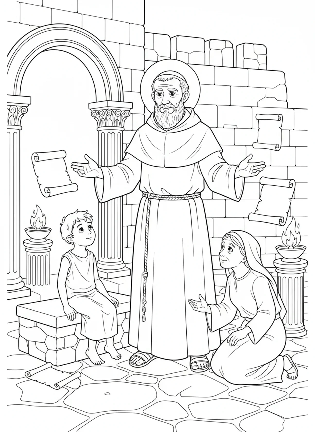 Der heilige Pater Pio heilt ein Kind, Ausmalbild von Pater Pio für die Sonntagsschule für Kinder im Alter von 5-12 Jahren