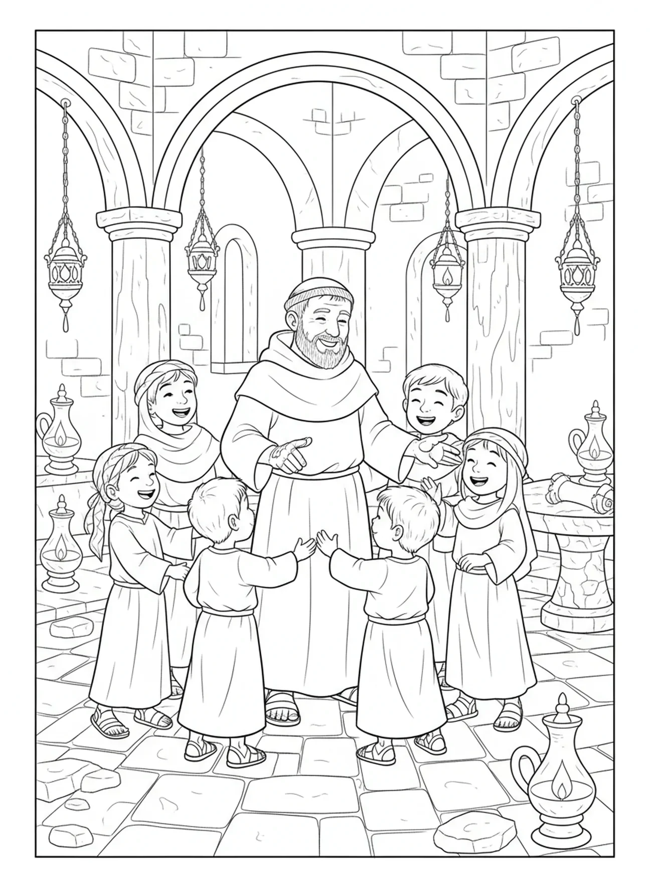 Der heilige Pio von Pietrelcina mit Kindern, Ausmalbild für die Sonntagsschule für Kinder im Alter von 5-12 Jahren