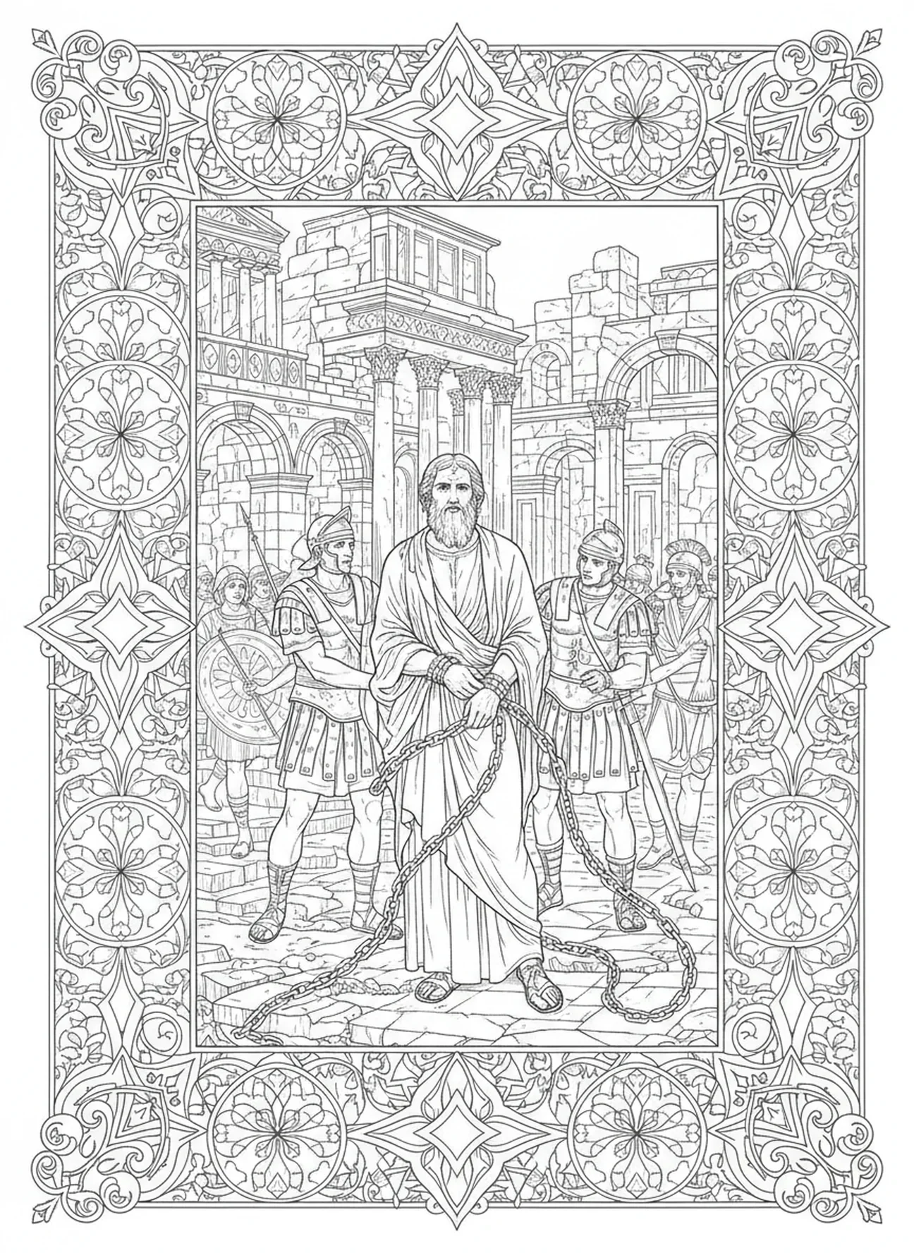 Saint Paul arrêté, page à colorier Saint Paul pour adultes dans un style de journal biblique.