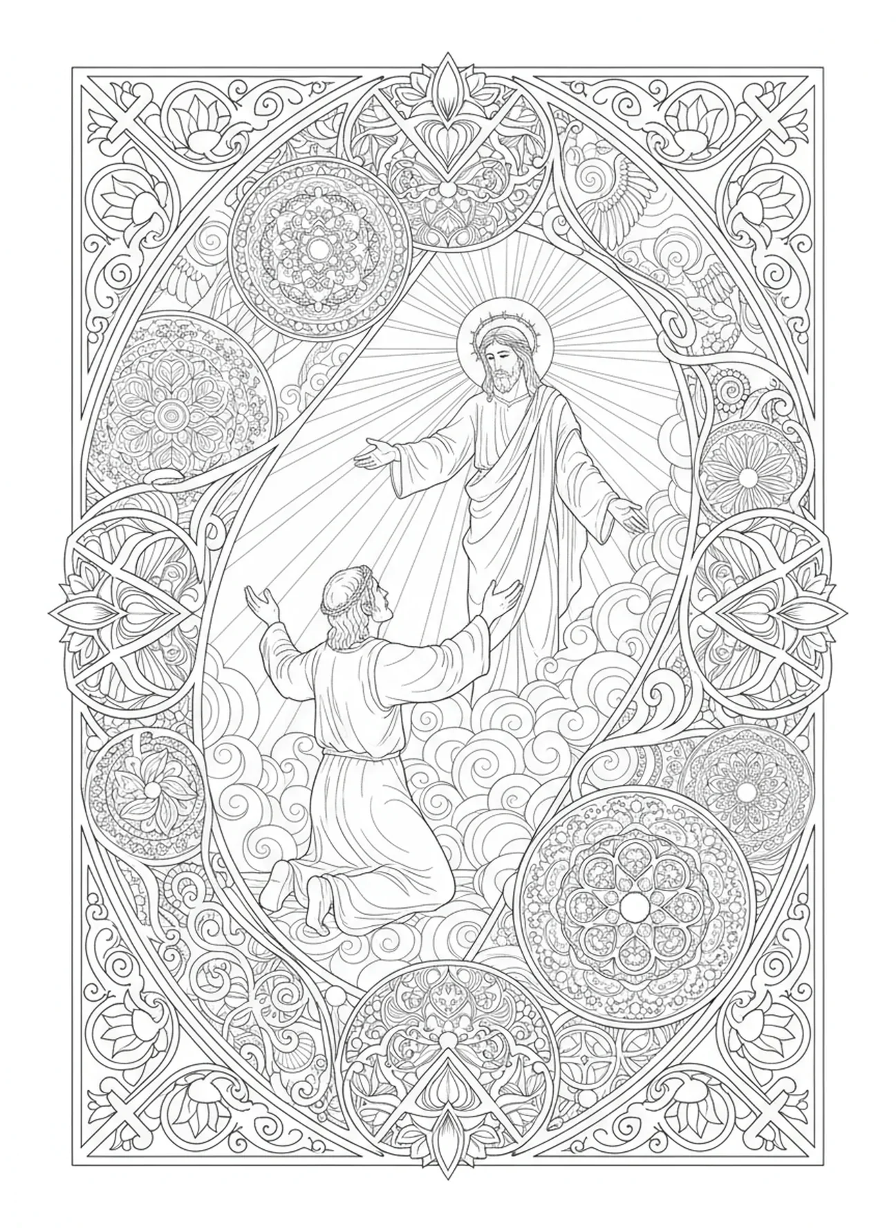 Saint Paul rencontrant le Christ, page à colorier Saint Paul pour adultes dans un style de journal biblique.