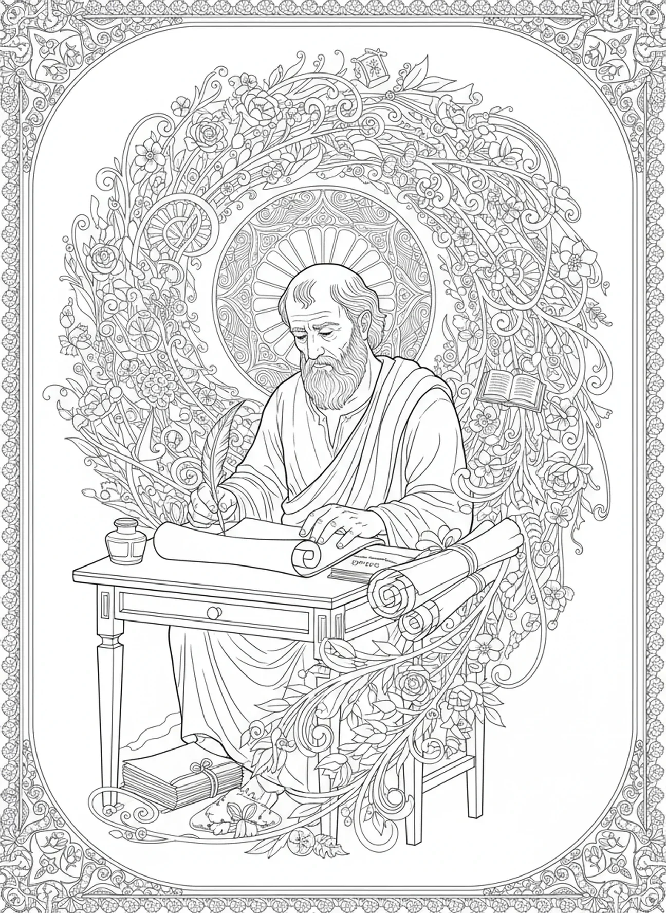 Saint Paul écrivant des lettres, page à colorier Saint Paul pour adultes dans le style du journal biblique.