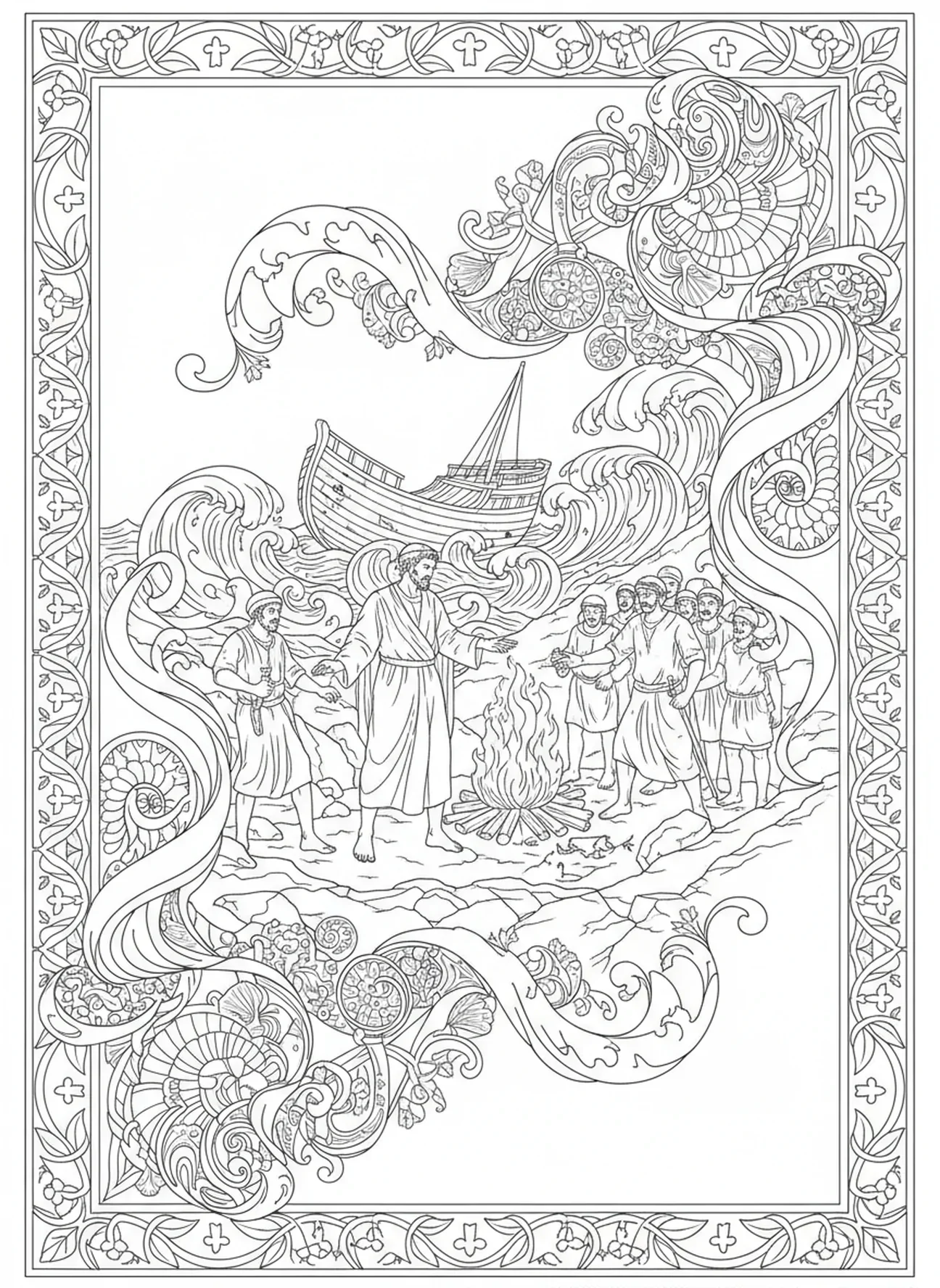 Naufrage de Saint Paul, page à colorier de Saint Paul pour le journaling biblique pour adultes.