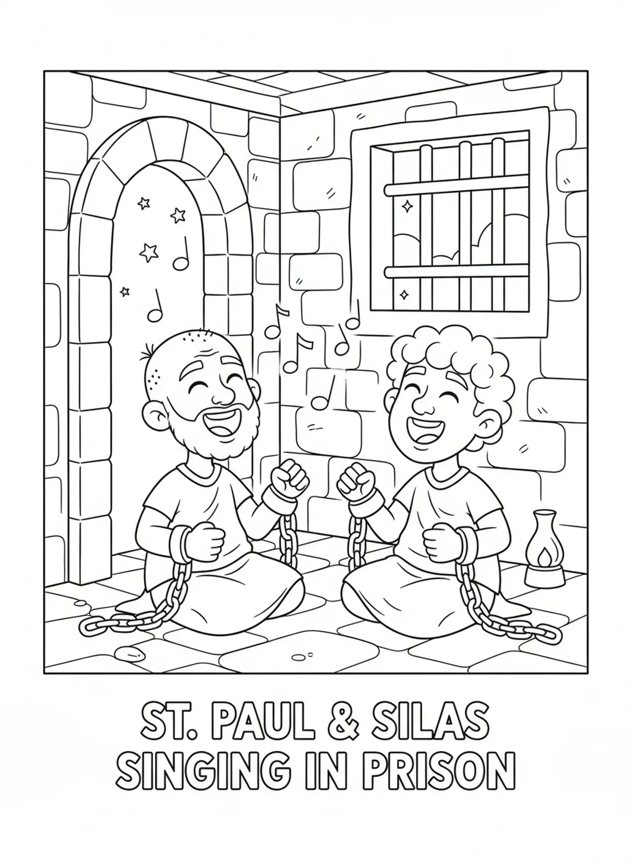 San Pablo y Silas cantando en la prisión, página para colorear de San Pablo para niños de 5 a 10 años