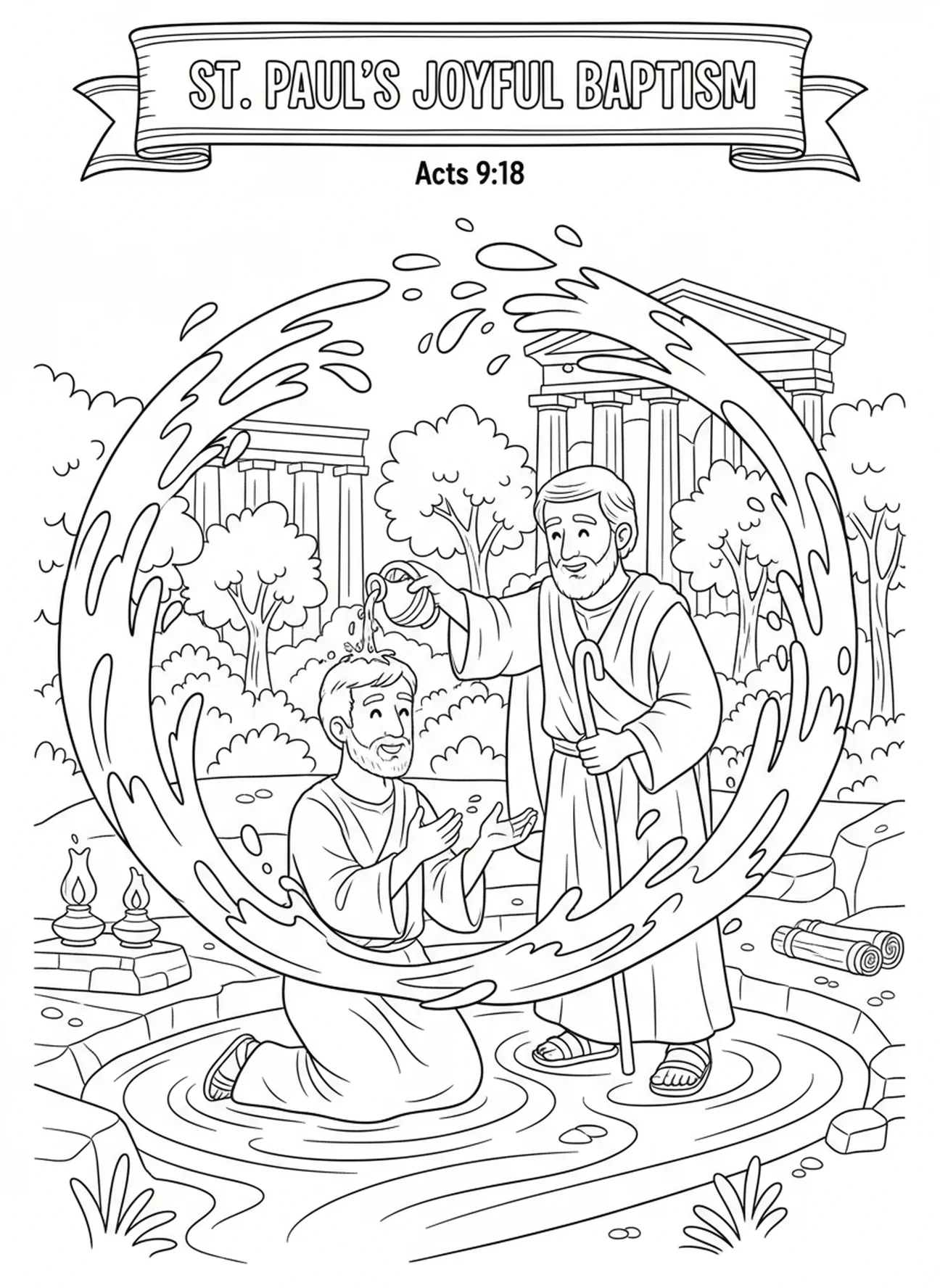 Saint Paul se faisant baptiser dans une rivière, page à colorier de Saint Paul pour les enfants de l'École du dimanche âgés de 5 à 12 ans