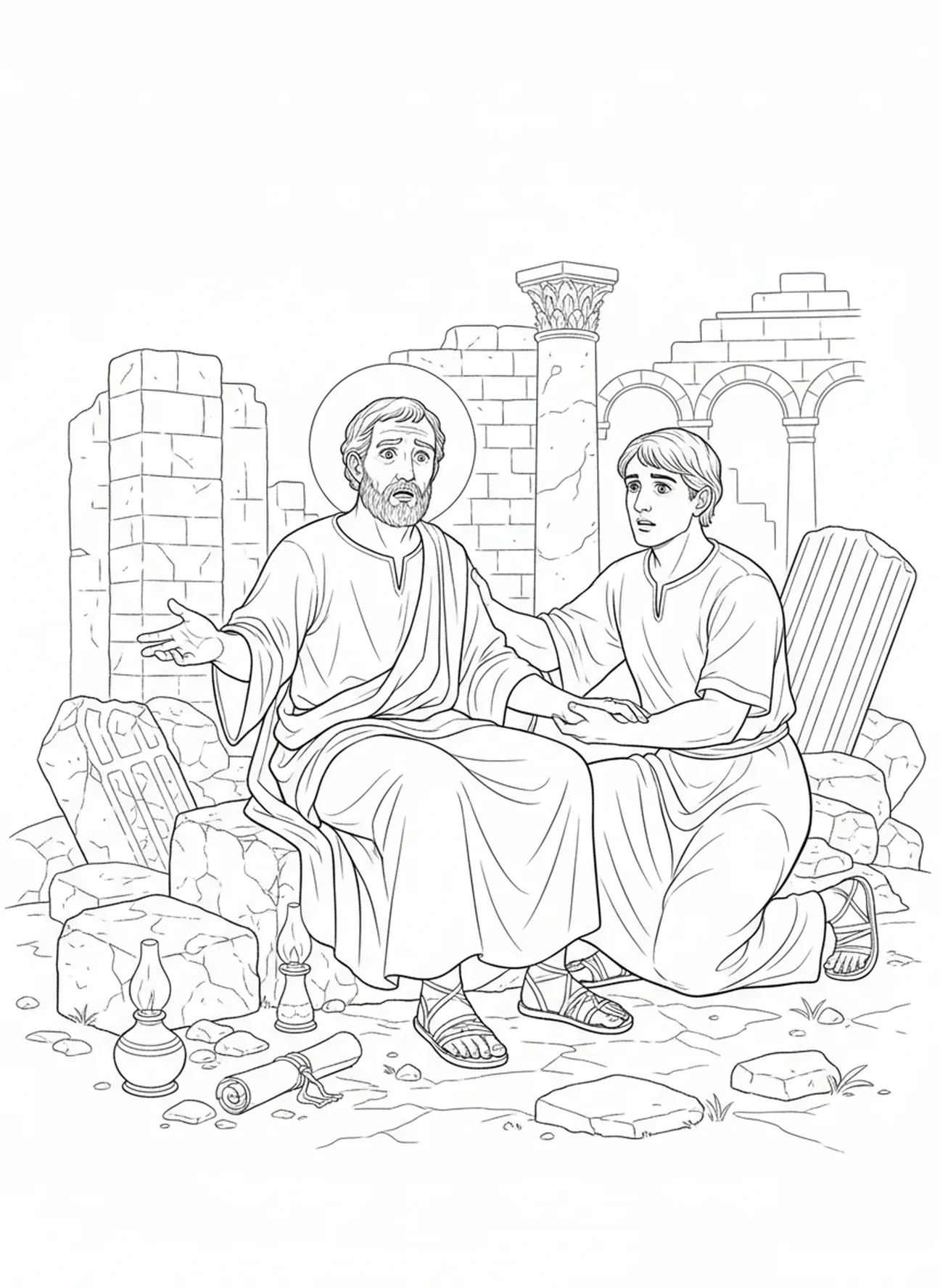 Saint Paul assis par terre, page à colorier de Saint Paul pour les enfants de l'École du dimanche âgés de 5 à 12 ans