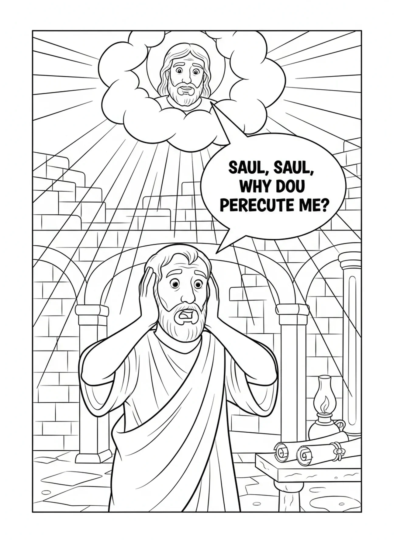 Saint Paul se bouchant les oreilles, page à colorier de Saint Paul pour les enfants de l'École du dimanche âgés de 5 à 12 ans