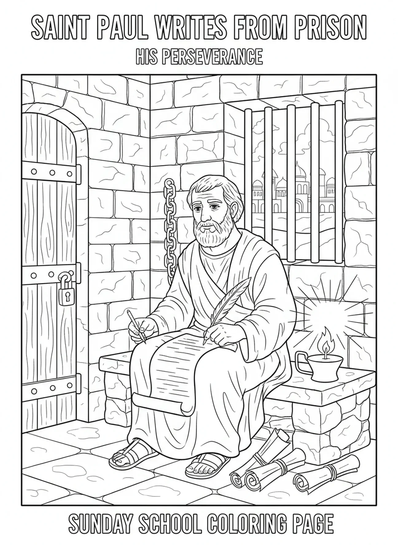 Saint Paul écrivant des lettres en prison, page à colorier Saint Paul pour les enfants de l'École du dimanche âgés de 5 à 12 ans