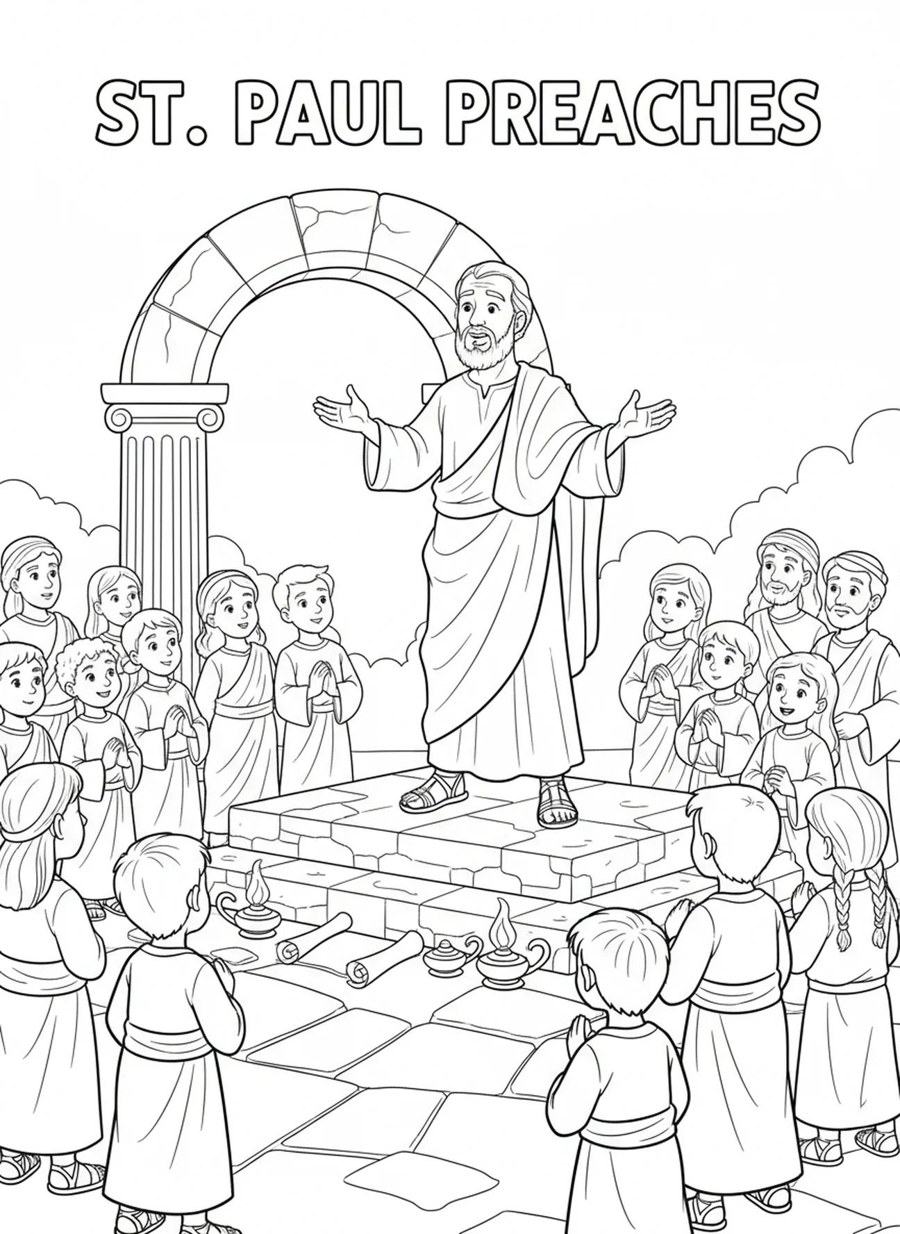 Saint Paul prêchant à une foule, page à colorier Saint Paul pour les enfants de l'École du dimanche âgés de 5 à 12 ans