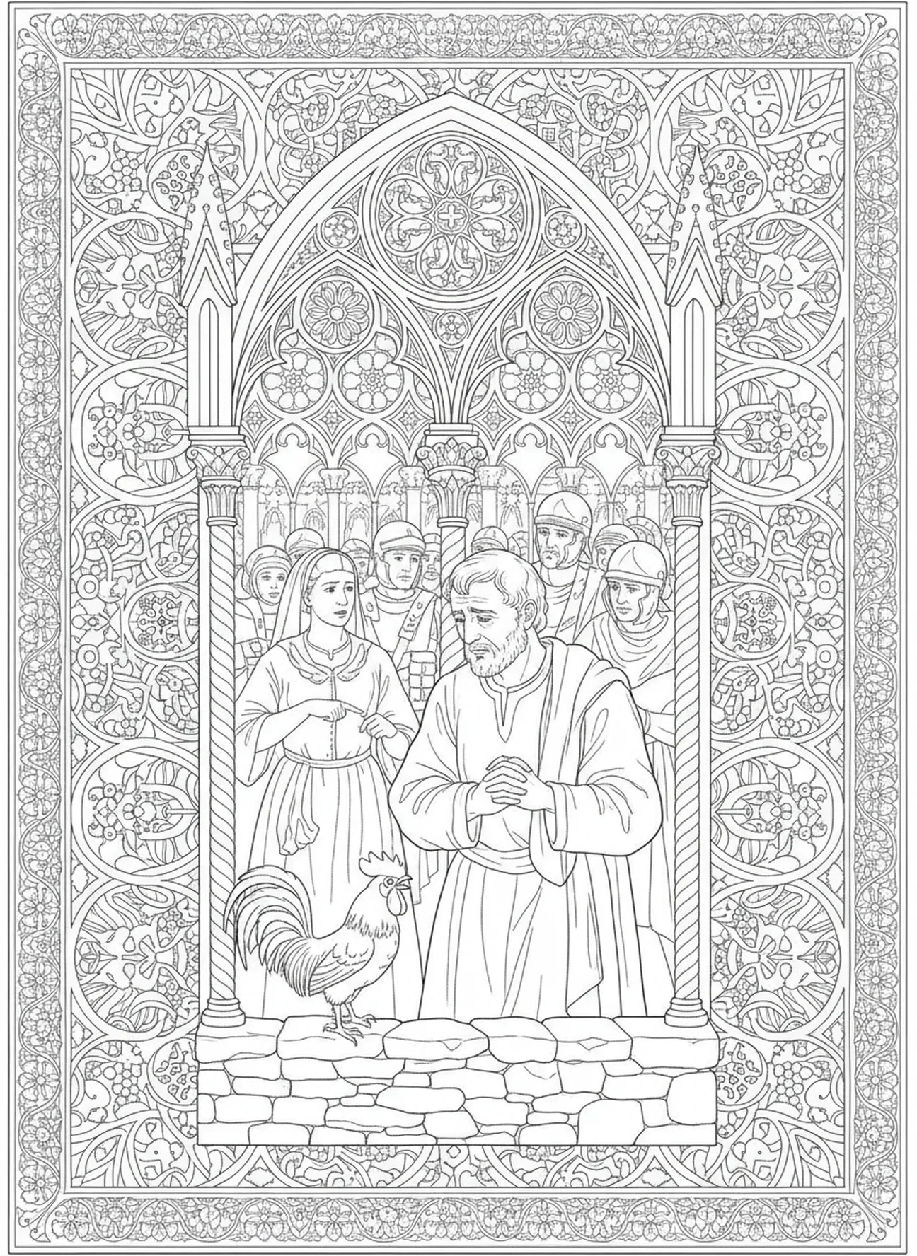 São Pedro negando Jesus, página para colorir de São Pedro no estilo de journaling bíblico para adultos.
