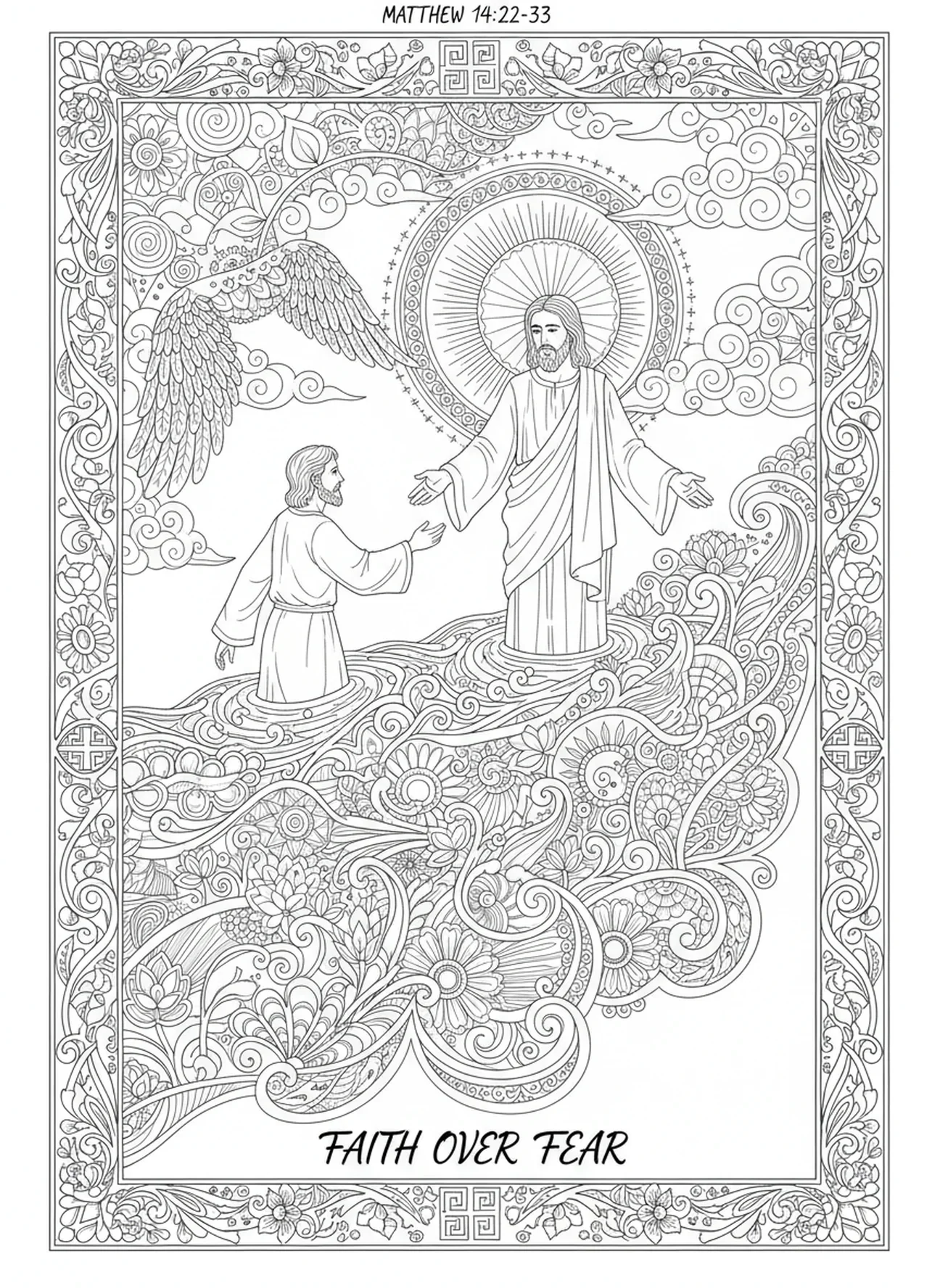 São Pedro caminhando sobre as águas em direção a Jesus, página de colorir de São Pedro para adultos no estilo de journaling bíblico.