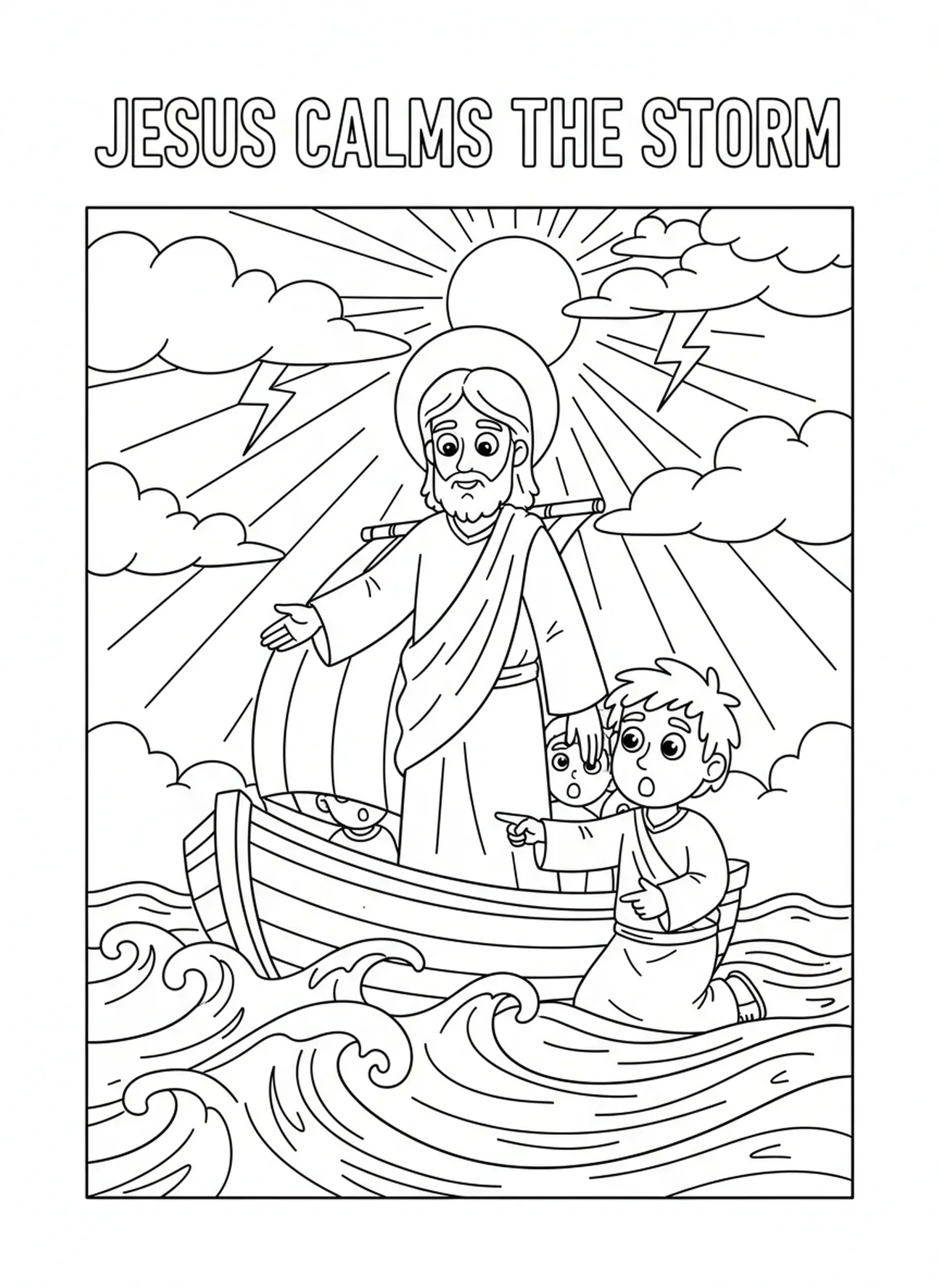 Jesus stillt den Sturm, St. Petrus Ausmalbild für Kinder im Alter von 5-10 Jahren
