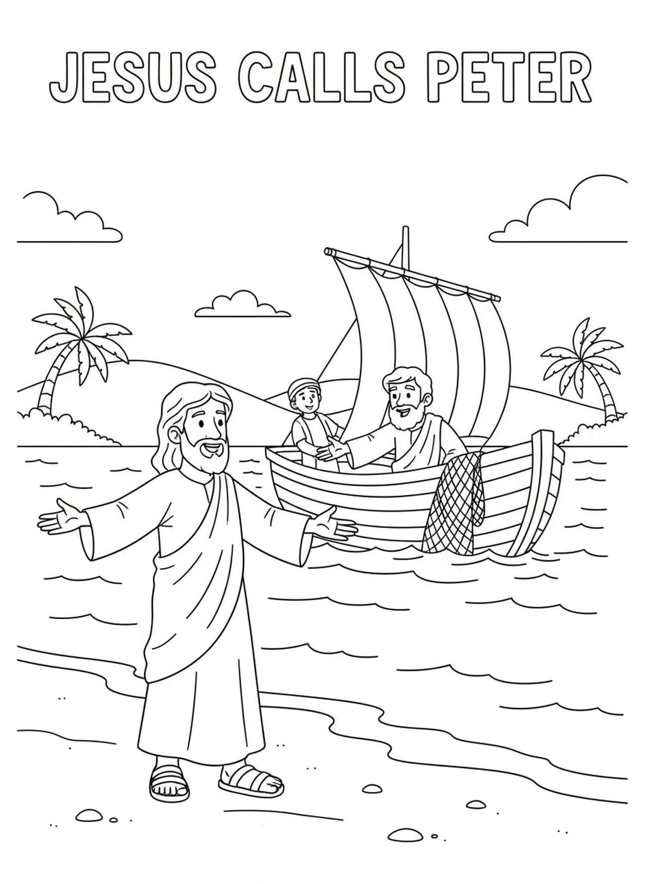 Jesus ruft Petrus, Ausmalbild von St. Petrus für Kinder im Alter von 5-10 Jahren