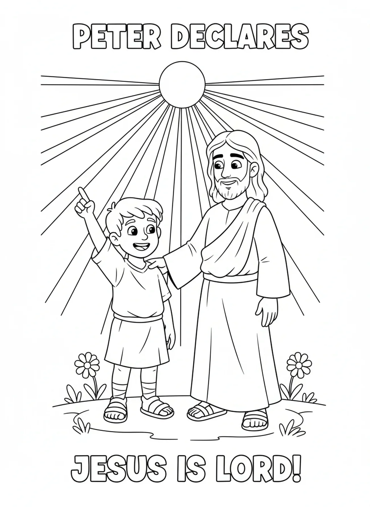 Peter bekennt seinen Glauben, Ausmalbild von St. Peter für Kinder im Alter von 5-10 Jahren