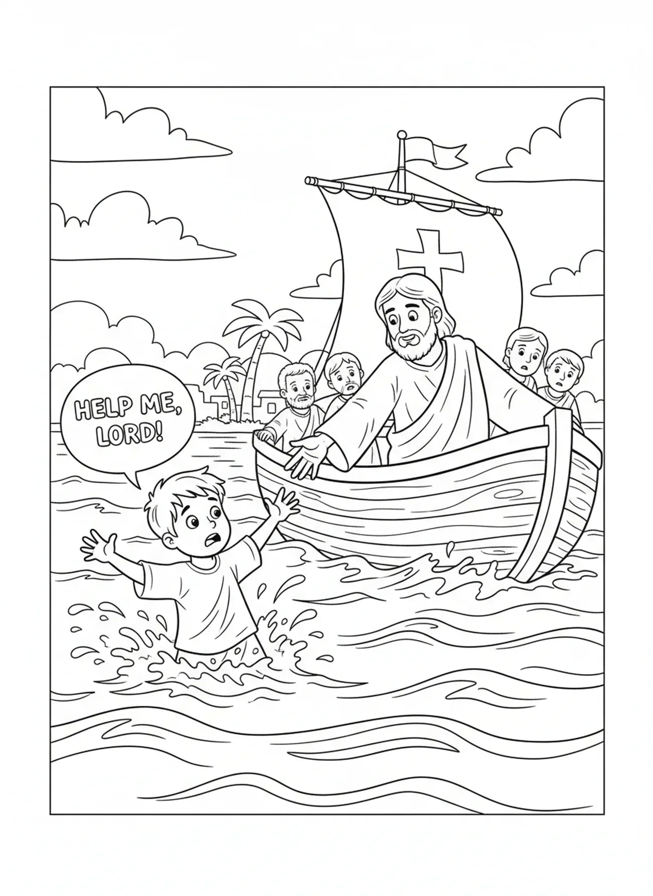 Petrus, der im Wasser sinkt, Ausmalbild von St. Petrus für Kinder im Alter von 5-10 Jahren