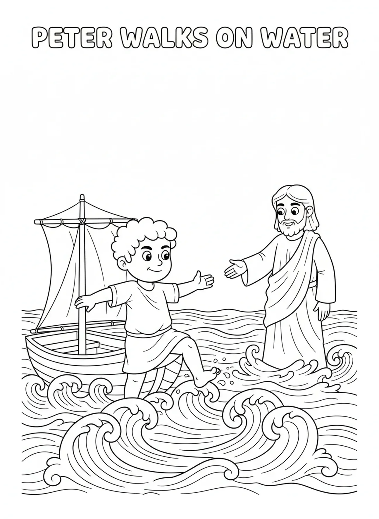 Peter geht auf dem Wasser, Ausmalbild von St. Peter für Kinder im Alter von 5-10 Jahren