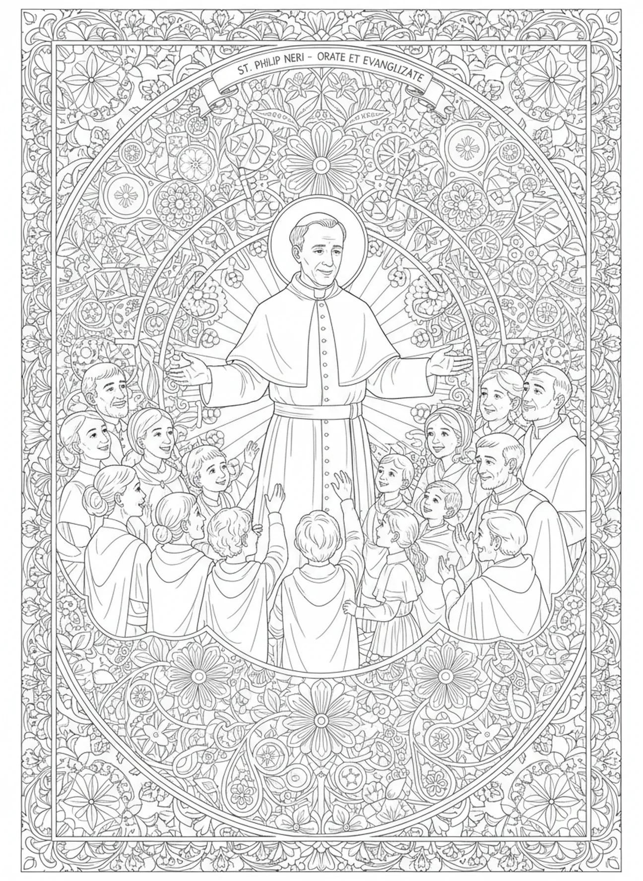 St. Philipp Neri lädt Menschen ein, Ausmalbild von St. Philipp Neri im Stil des Bibel-Journalings für Erwachsene