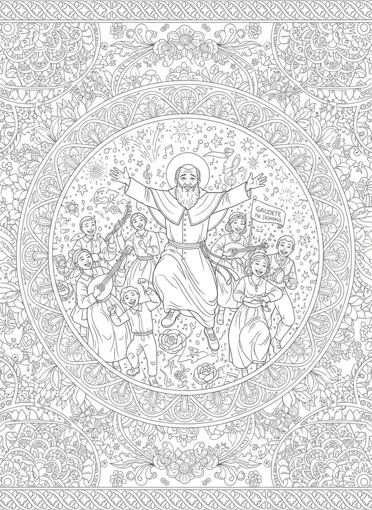 Freudige Feier von St. Philipp Neri, Ausmalbild für Erwachsene im Stil des Bibeljournaling