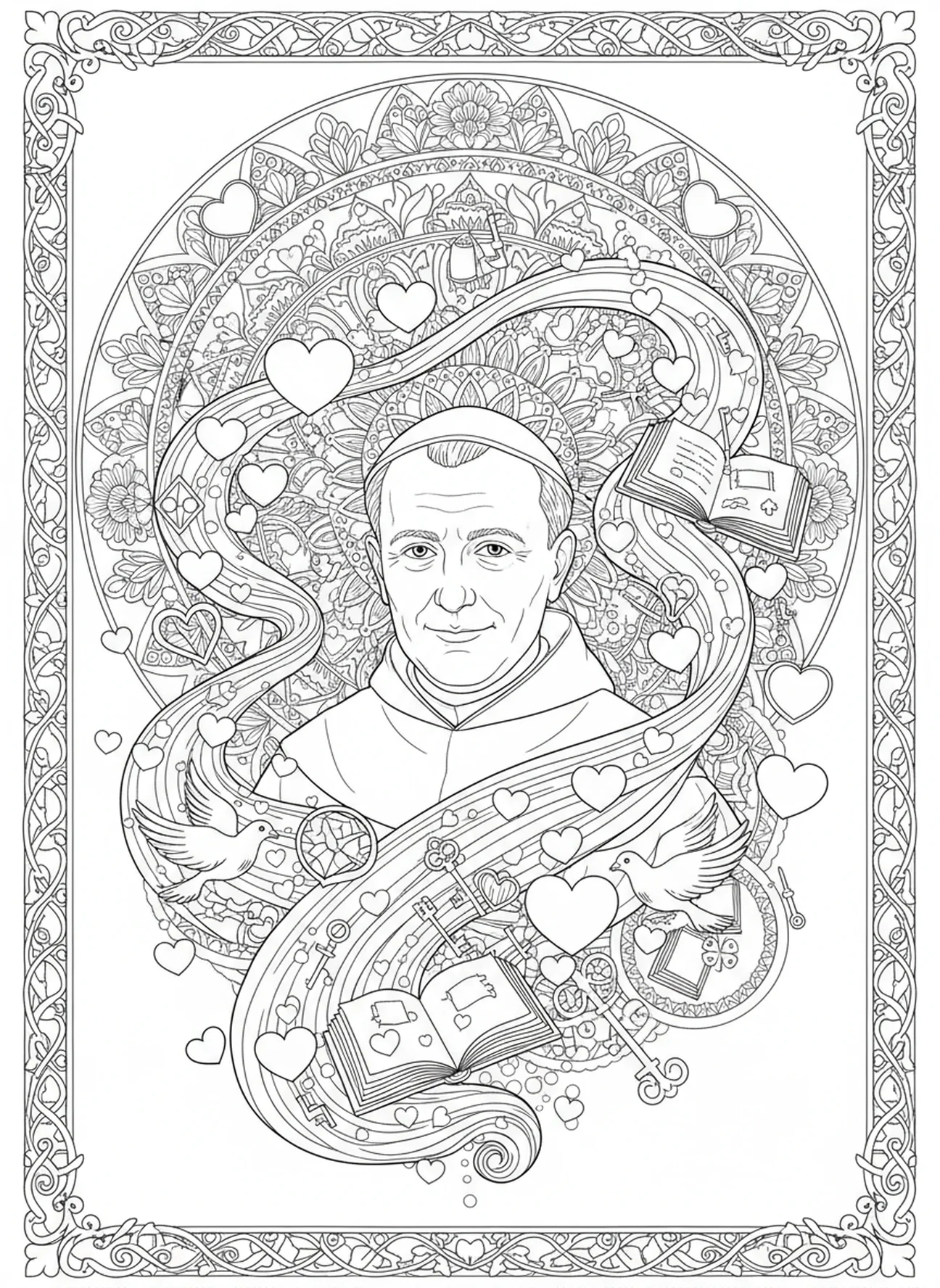 Das Erbe der Liebe von St. Philipp Neri, Ausmalbild für Erwachsene im Stil des Bibeljournaling