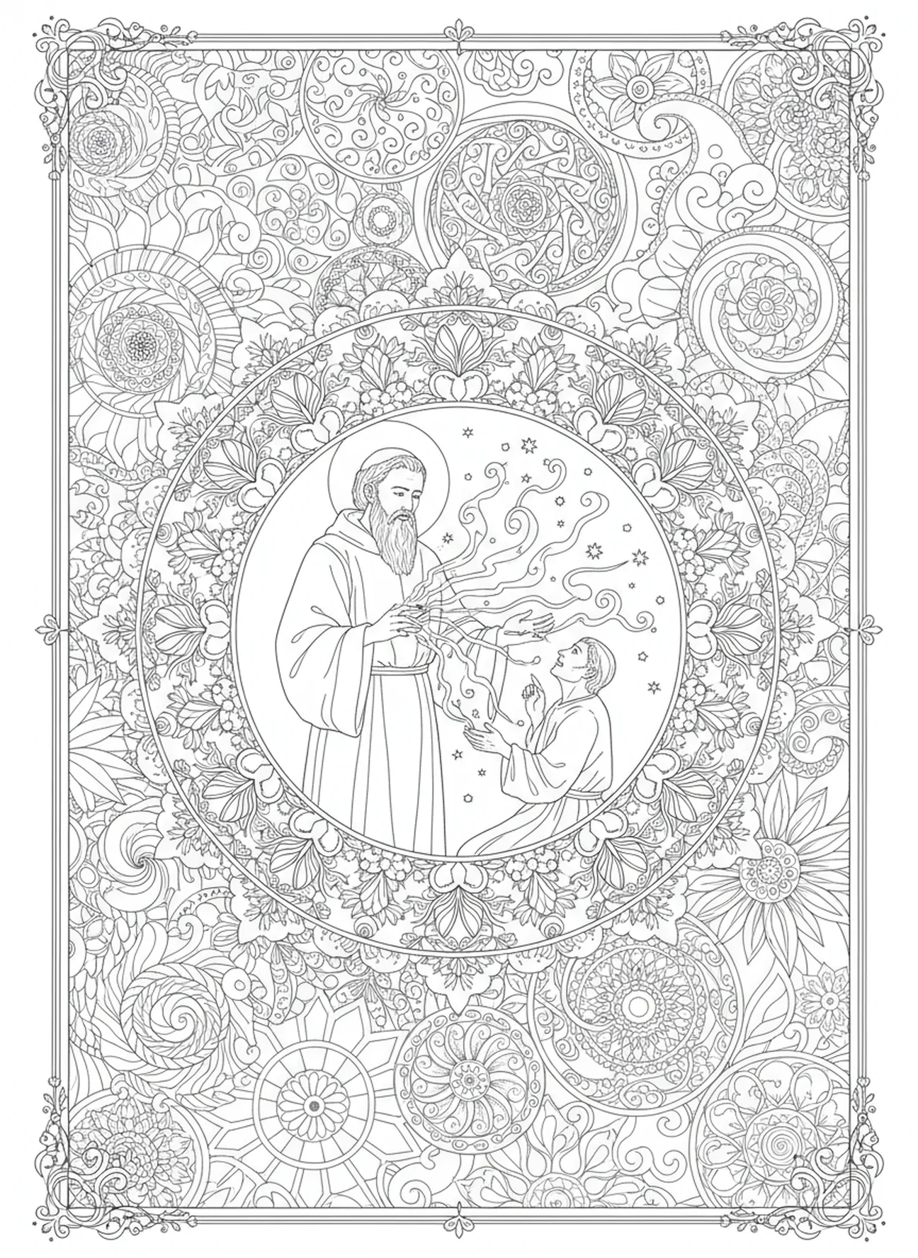 Der heilige Philipp Neri vollbringt Wunder, Ausmalbild von St. Philipp Neri für Erwachsene im Bibel-Journaling-Stil