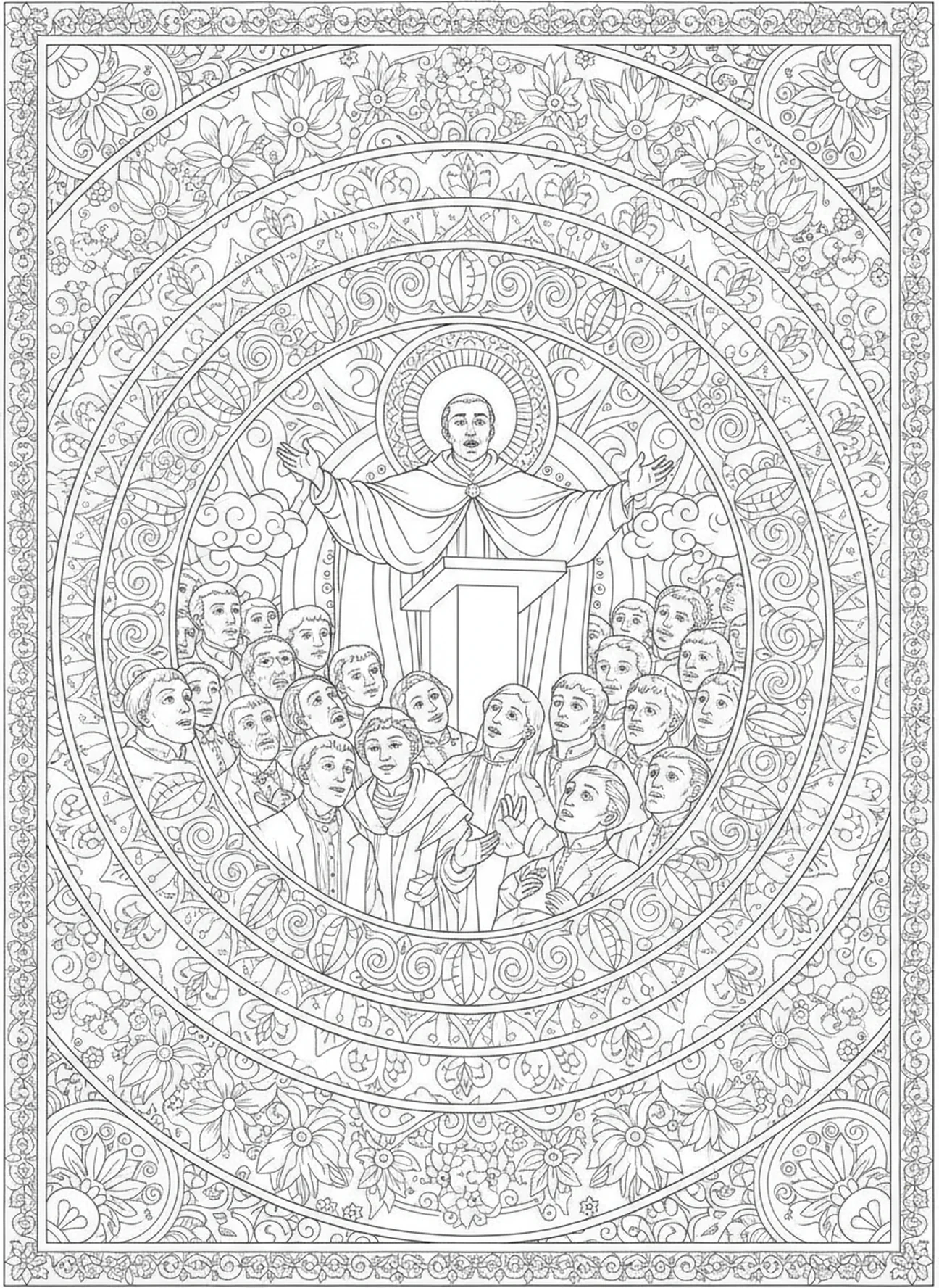 Der heilige Philipp Neri predigt, Ausmalbild für Erwachsene im Bibel-Journaling-Stil