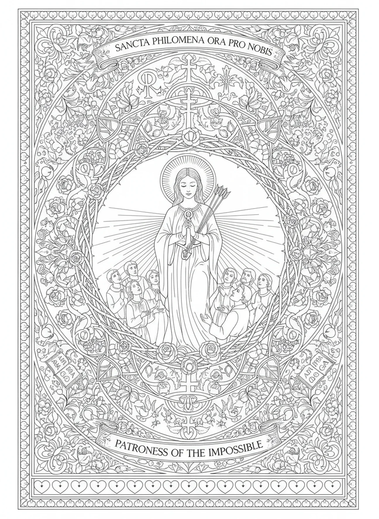 Sainte Philomène intercédant, page à colorier de Sainte Philomène pour adultes dans un style de journal biblique.