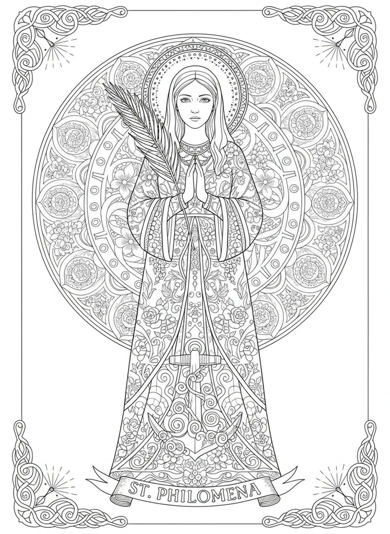Sainte Philomène enchaînée, page à colorier de Sainte Philomène pour adultes dans un style de journal biblique.
