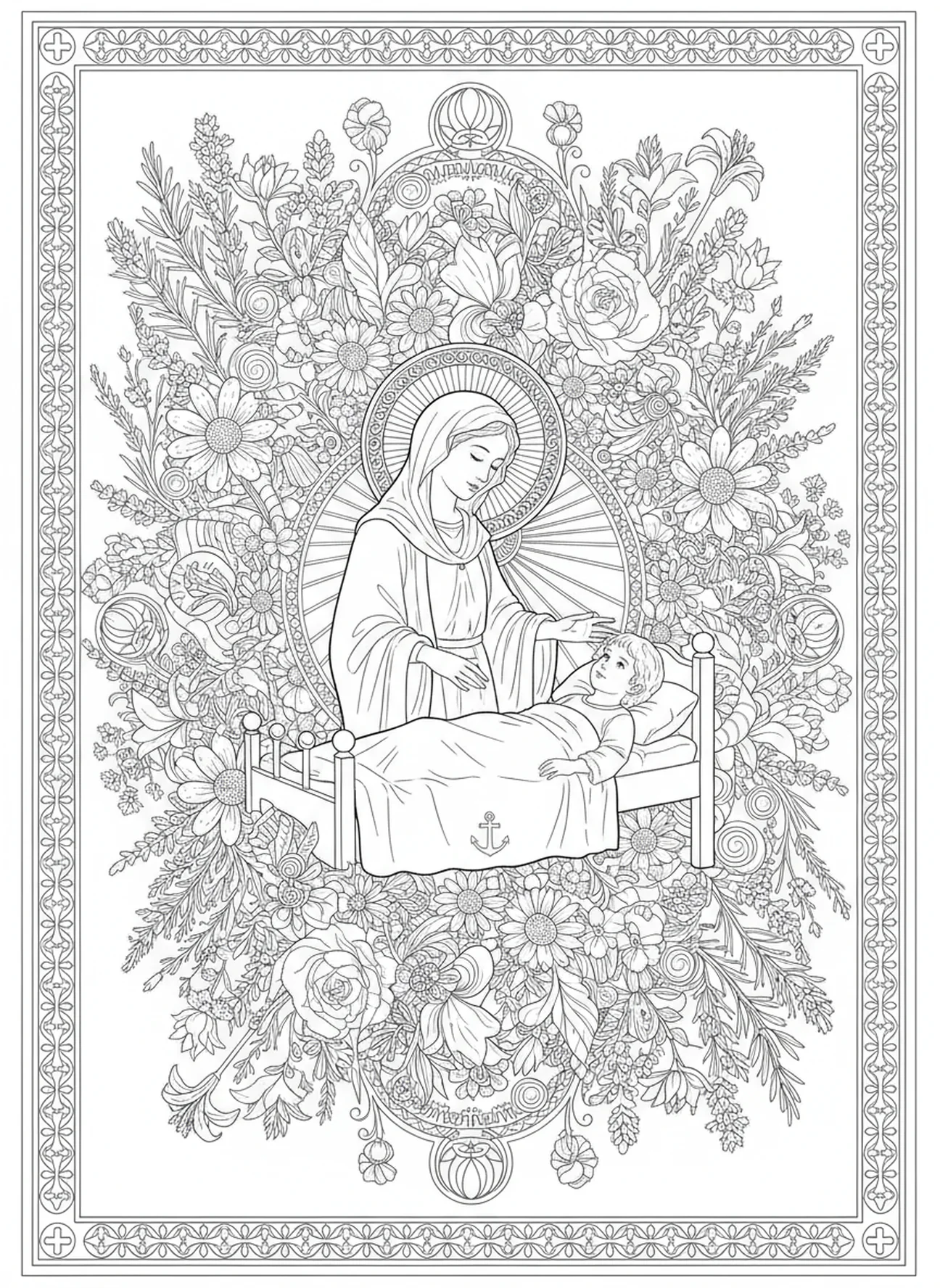 Sainte Philomène guérissant un enfant, page à colorier de Sainte Philomène pour adultes dans un style de journal biblique.