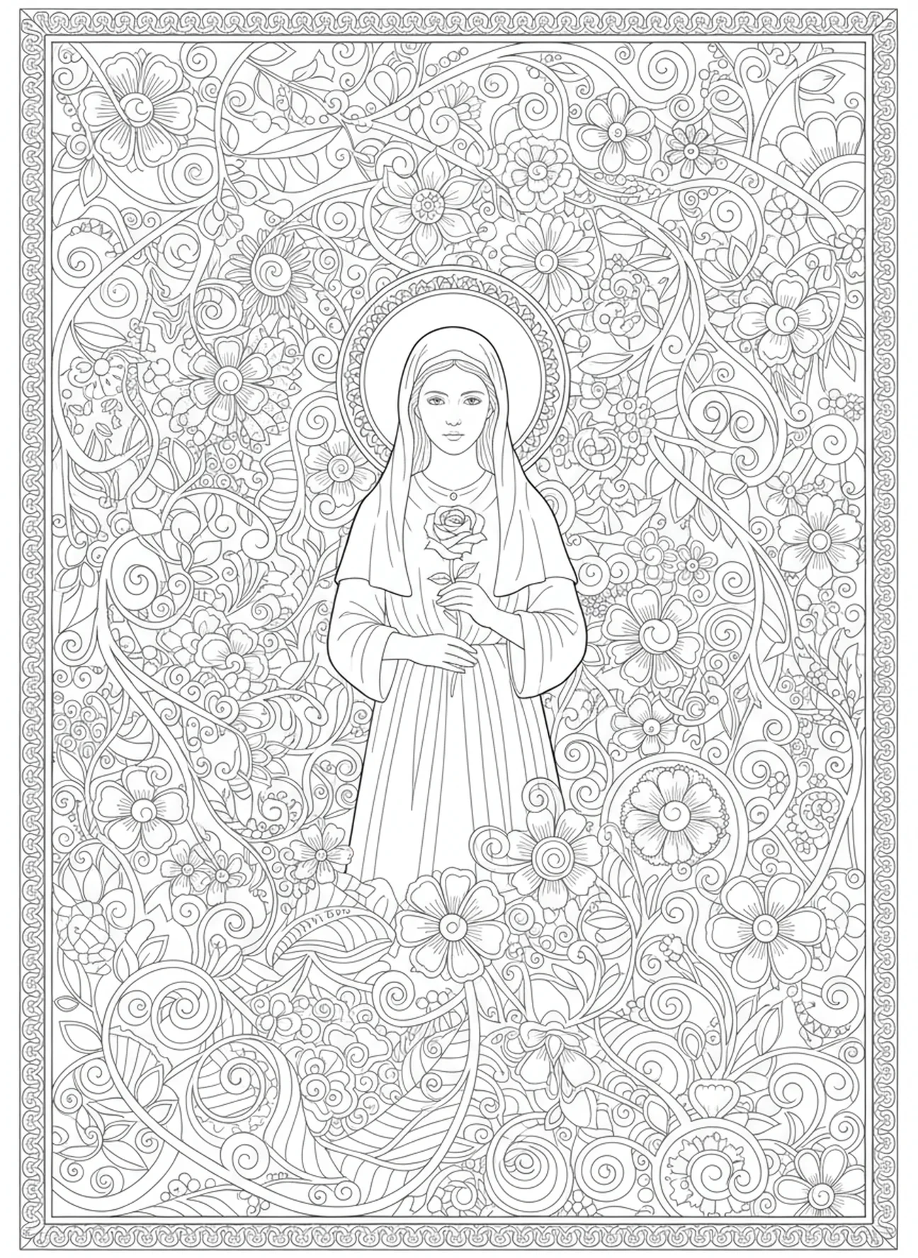 Sainte Philomène tenant une rose, page à colorier de Sainte Philomène pour adultes dans un style de journal biblique.