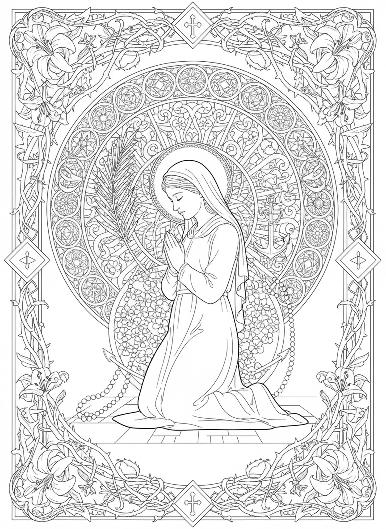 Sainte Philomène en prière, page à colorier de Sainte Philomène pour le journaling biblique.