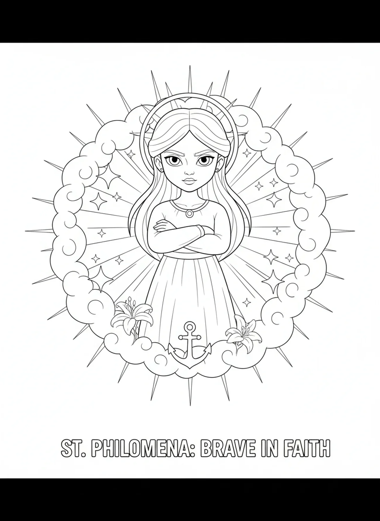 Sainte Philomène faisant face à son destin, page à colorier Sainte Philomène pour les enfants de 5 à 10 ans