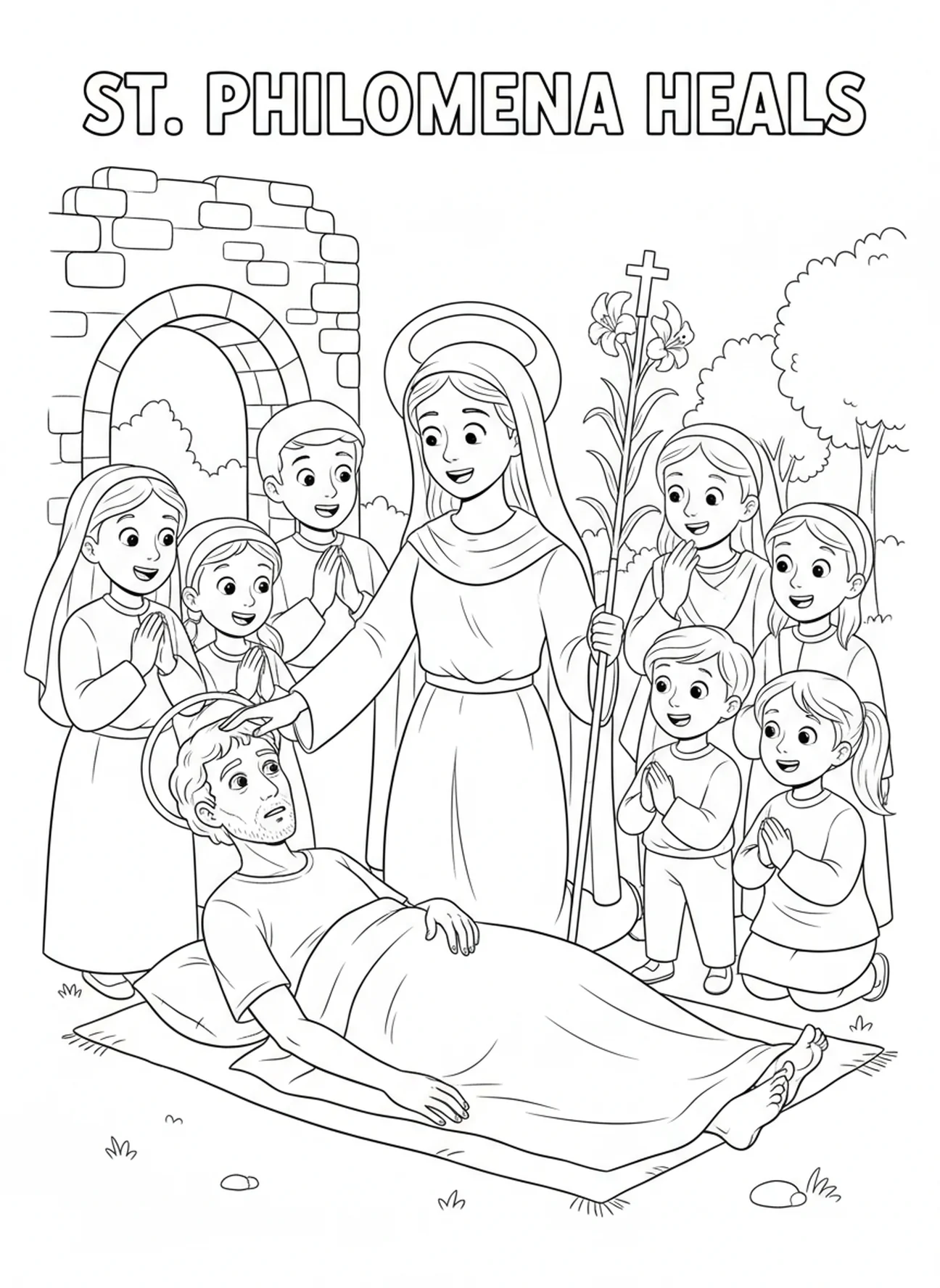 Sainte Philomène guérissant une personne malade, page à colorier Sainte Philomène pour les enfants de 5 à 10 ans