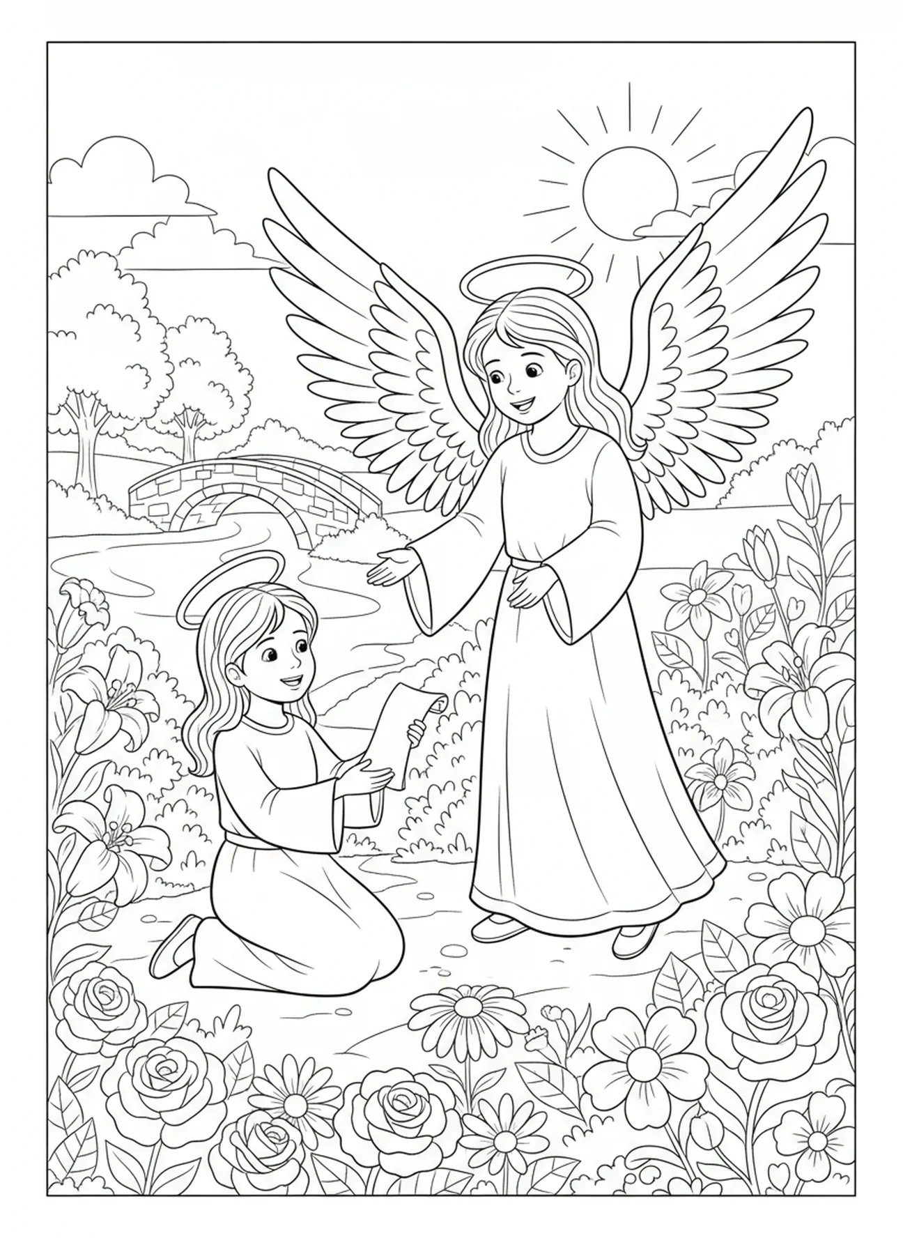 Sainte Philomène avec un ange, page à colorier Sainte Philomène pour les enfants de 5 à 10 ans