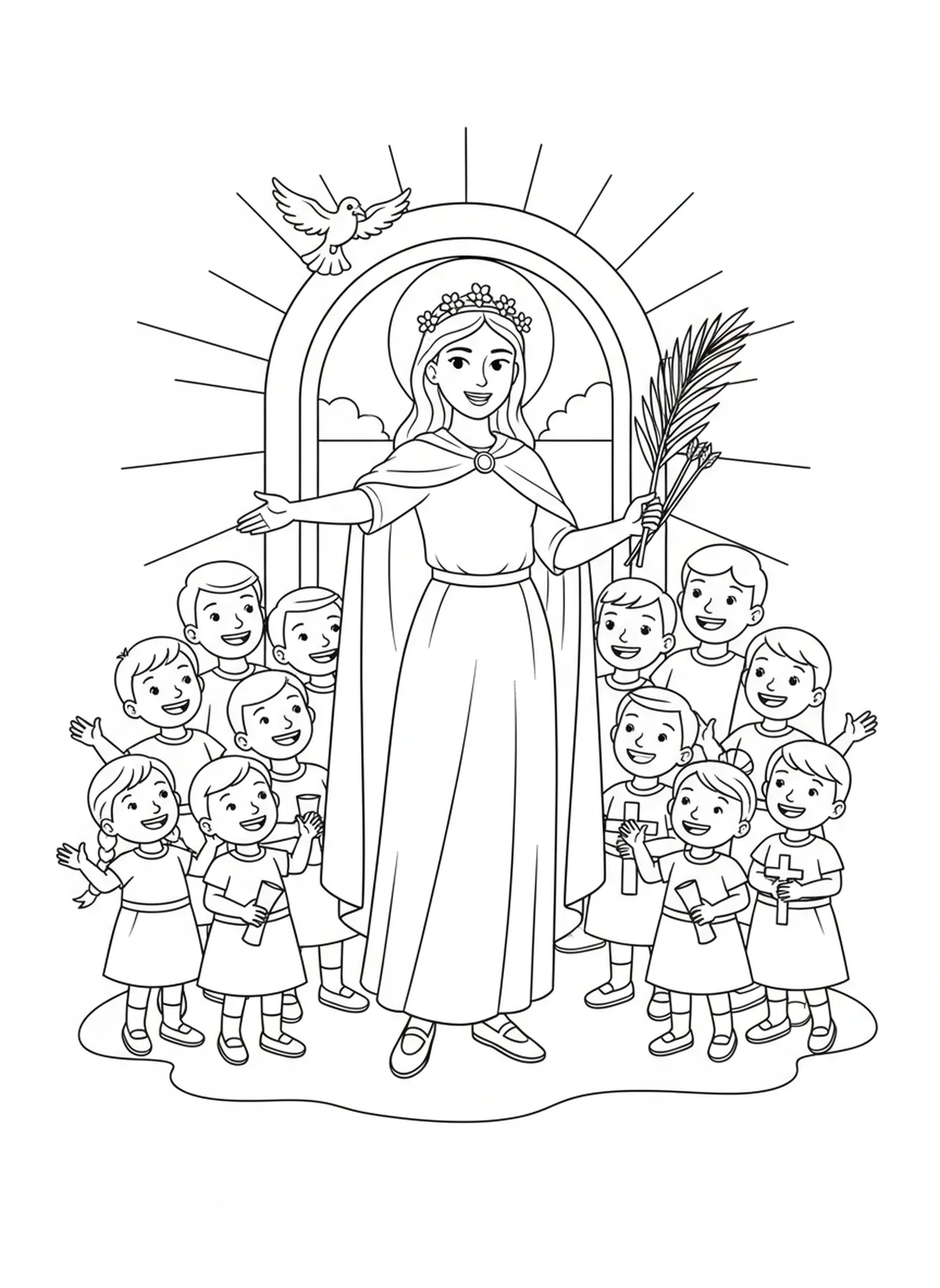 Sainte Philomène parlant à une foule, page à colorier Sainte Philomène pour enfants de 5 à 10 ans