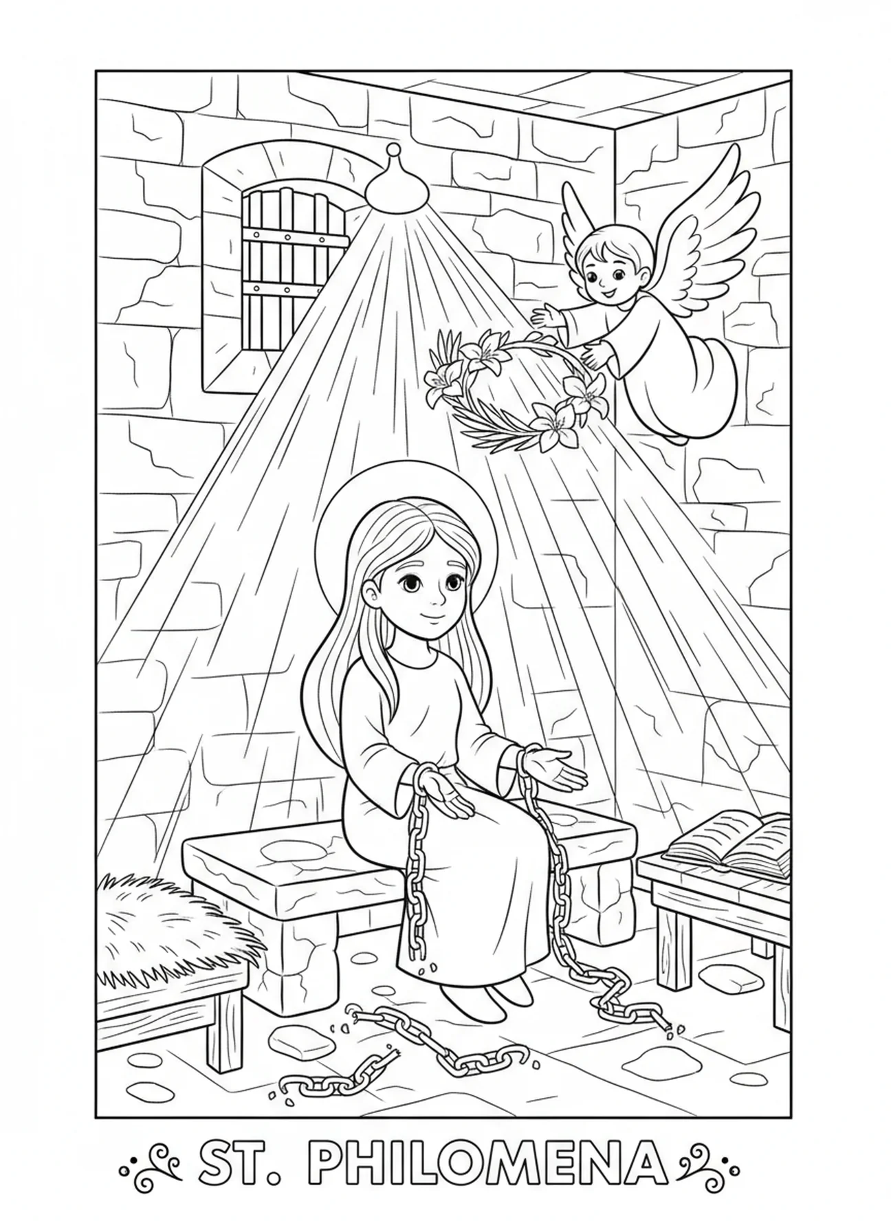 Sainte Philomène dans une cellule, page à colorier Sainte Philomène pour les enfants de 5 à 10 ans