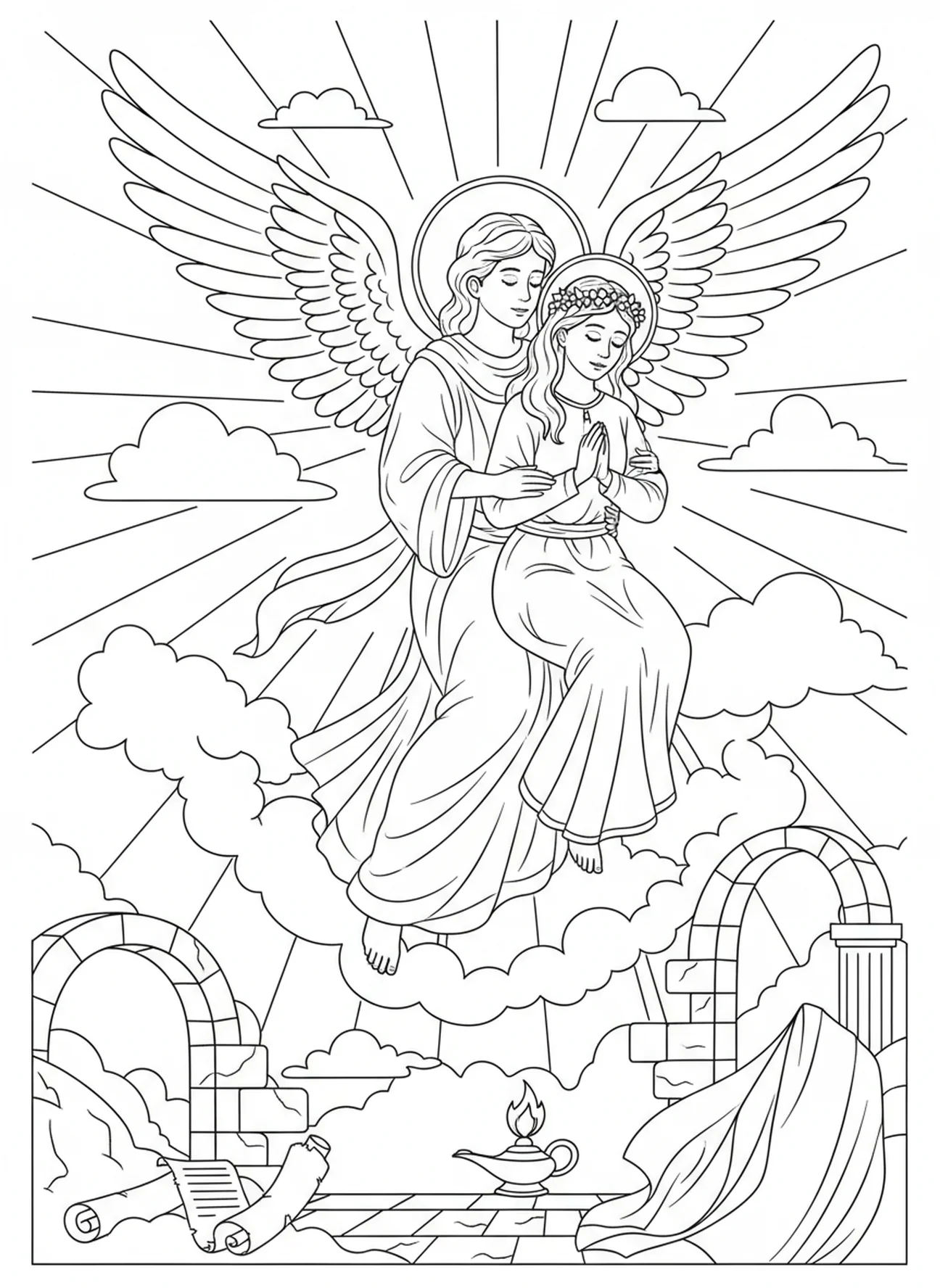Engel die St. Filomena de lucht in tilt, kleurplaat van St. Filomena voor Zondagsschoolkinderen van 5-12 jaar.