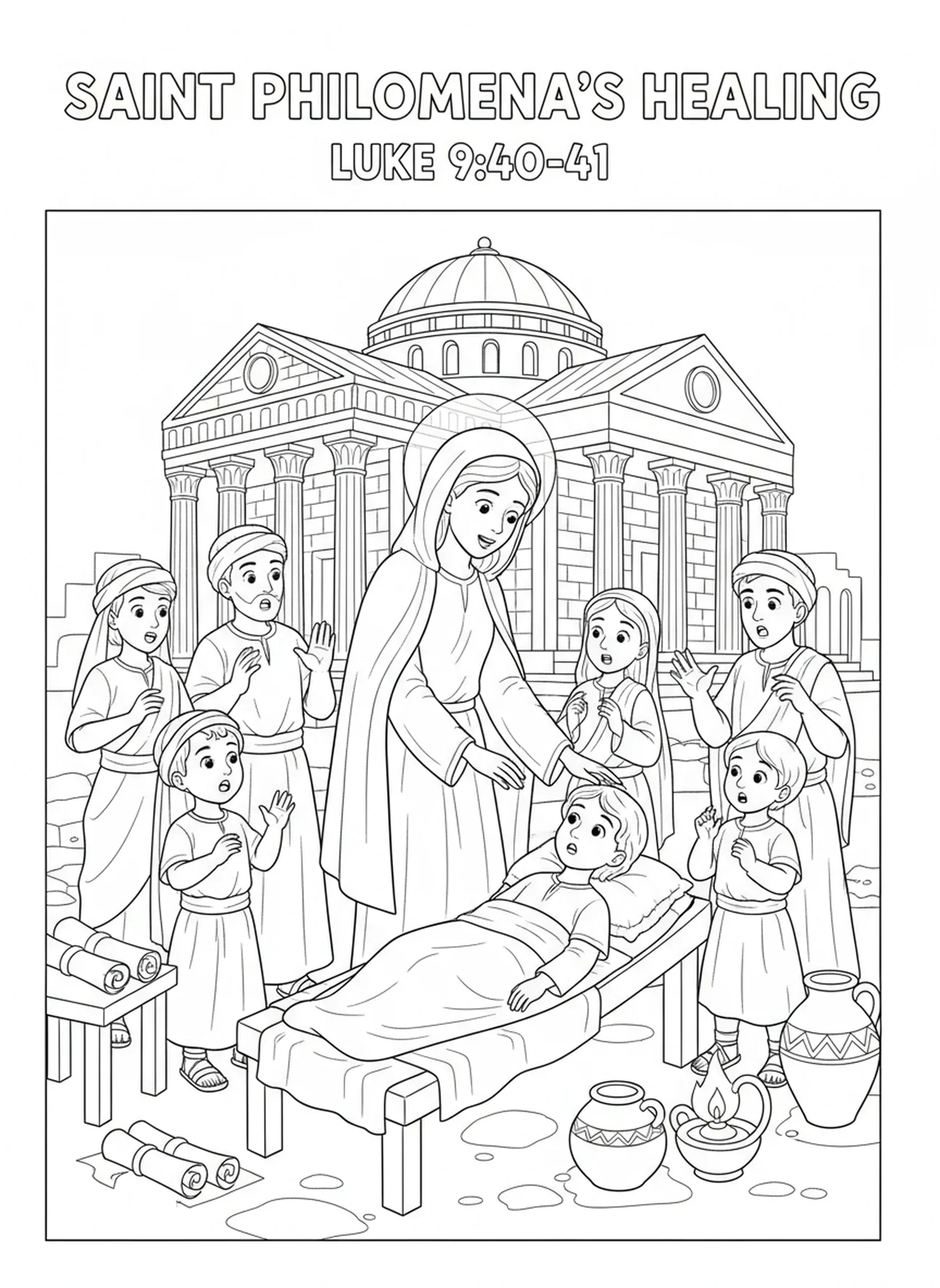 Heilige Filomena geneest een ziek kind, kleurplaat van Heilige Filomena voor Zondagsschoolkinderen van 5-12 jaar.