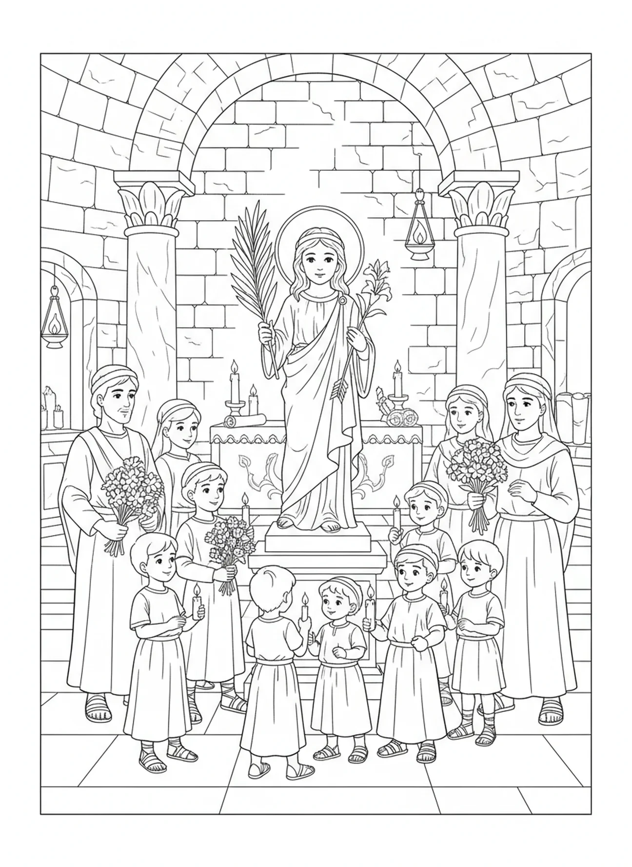 Kinderen en volwassenen rond het standbeeld van St. Filomena, kleurplaat van St. Filomena voor Zondagsschoolkinderen van 5-12 jaar.