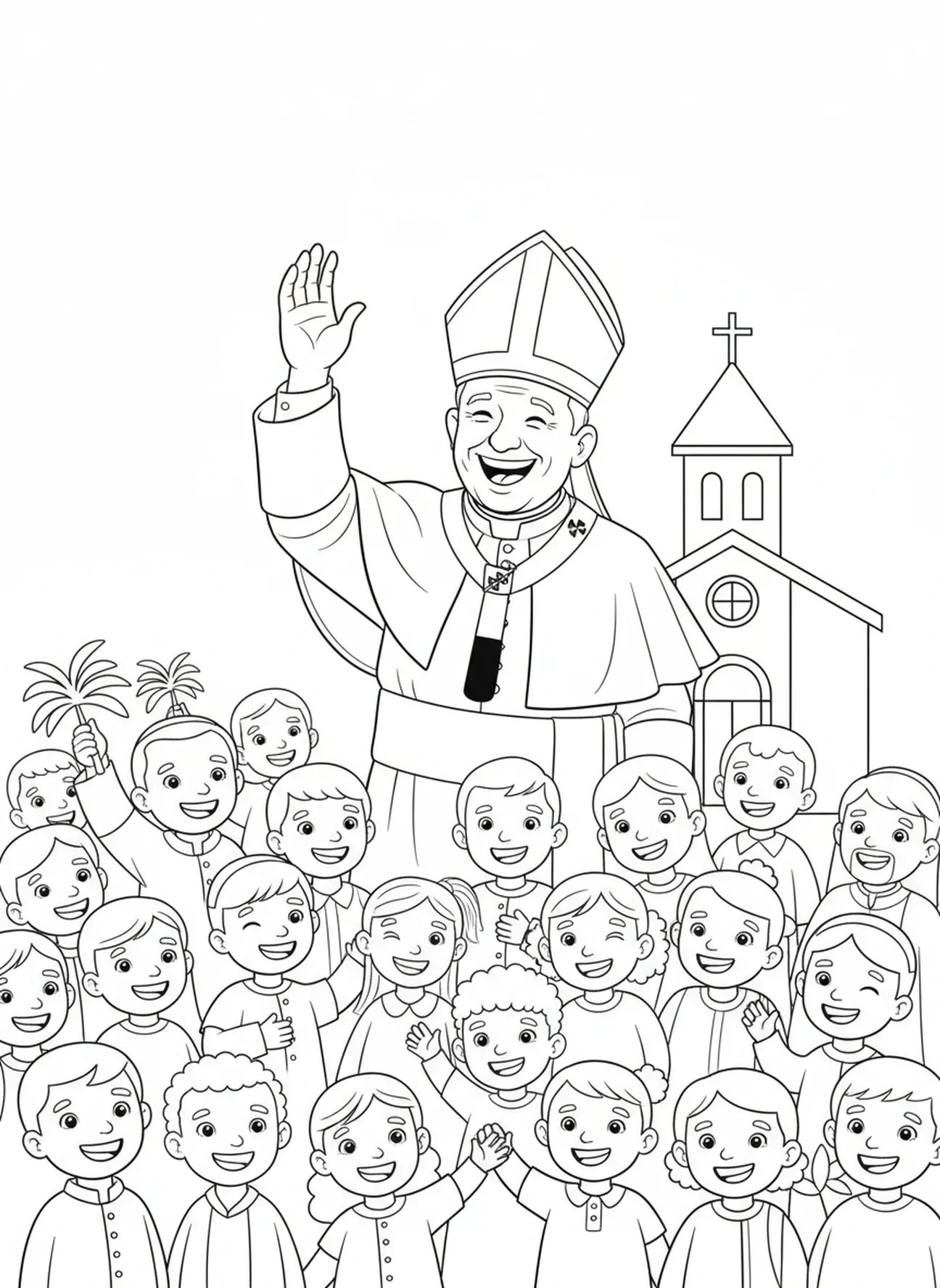 Le Pape Pie X bénissant les fidèles, page à colorier de Saint Pie X pour les enfants de 5 à 10 ans