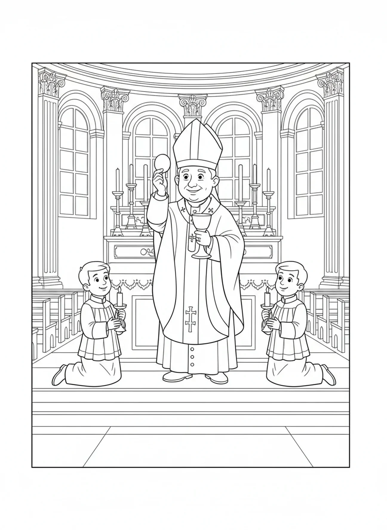 Le Pape Pie X célébrant la messe, page à colorier de Saint Pie X pour les enfants de 5 à 10 ans